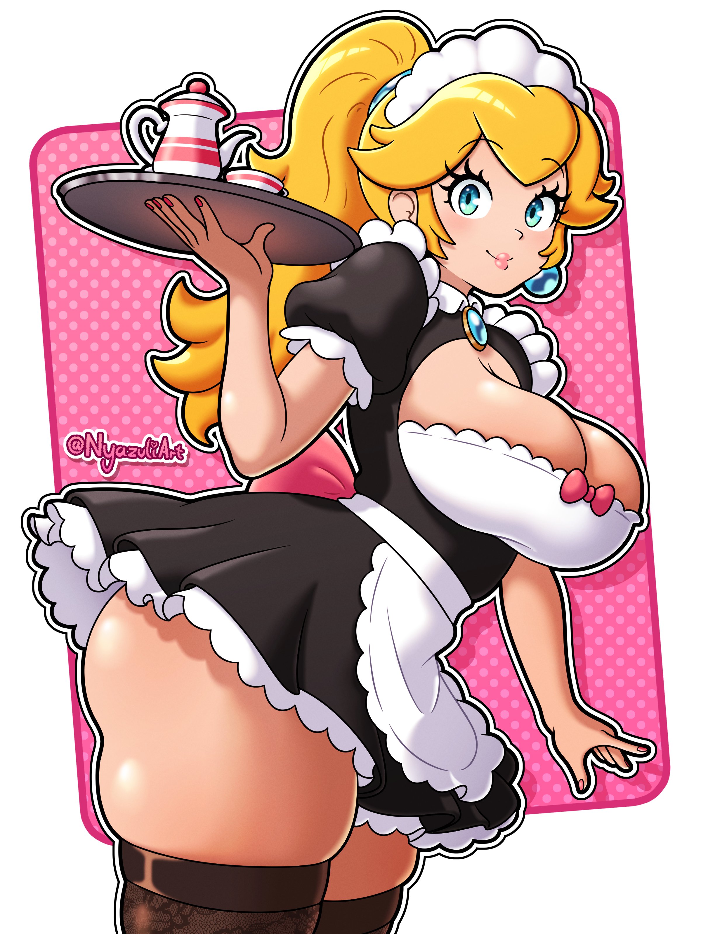 1girls, alternate hairstyle, artist name, ass, black thighhighs, blonde hair, blue earrings, blue eyes, bow, bowtie, breasts, cleavage, cleavage cutout, earrings, female, large breasts, long hair, looking at viewer, maid, maid headdress, maid outfit, maid uniform, mario (series), nail polish, nintendo, nyazuliart, orange nails, painted fingernails, painted nails, pink bow, pink bowtie, ponytail, princess peach, serving tray, solo, solo female, solo focus, thick thighs, thighhighs, thighs, thunder thighs, uniform