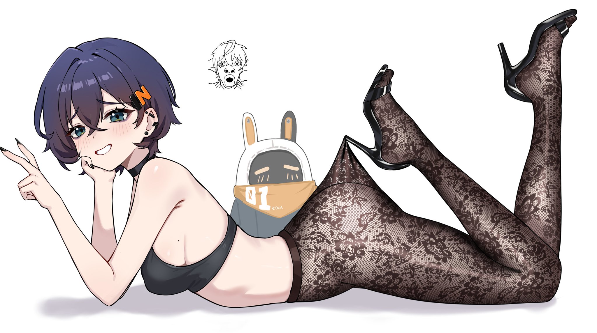 1boy, 1girls, belle (zenless zone zero), bra, choker, corniecorny, female, female focus, high heels, highres, hoyoverse, lace pantyhose hooked on heel (meme), looking at viewer, lying, lying on stomach, male, medium breasts, meme, mihoyo, pale skin, pale-skinned female, pantyhose, short hair, side view, simple background, smile, v sign, white background, wise (zenless zone zero), zenless zone zero