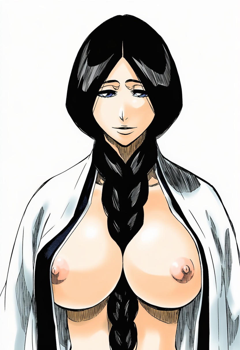 1girls, accurate art style, accurate body type, ai generated, areola, areolae, bare breasts, between breasts, big breasts, black hair, bleach, blue eyes, boobs, braid, breast focus, breasts, breasts out, busty, clavicle, cleavage, collarbone, curvaceous, curvy, digital art, digital media (artwork), exposed breasts, exposed nipples, fanart, female, female focus, female only, front view, full color, hair between breasts, hair over shoulder, high resolution, highres, indoors, japanese clothes, large breasts, light skin, light-skinned female, long braid, long hair, looking at viewer, manga style, mature female, nipples, no bra, open clothes, open robe, open shirt, partially clothed, pink nipples, posing, round breasts, shiny clothes, shiny hair, shiny skin, shirt, sideboob, simple background, single braid, solo, solo female, solo focus, standing, tite kubo style, tits, traditional clothes, underboob, unohana retsu, upper body, voluptuous, white background, white shirt, ㅇㅇ