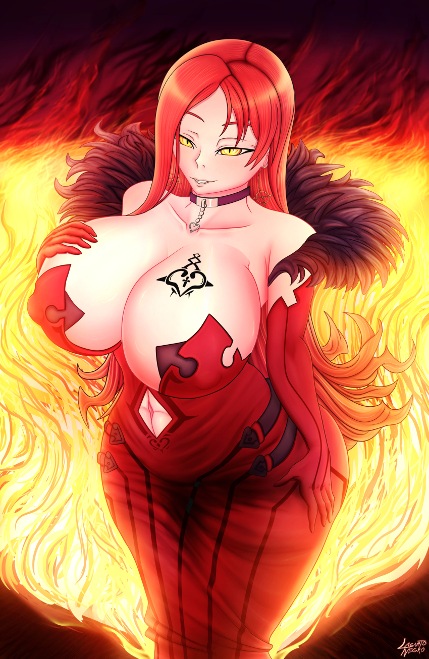 astaroth (taimanin asagi), breast tattoo, breasts, collar, female, fire, huge breasts, lagartonegro, long hair, taimanin (series)