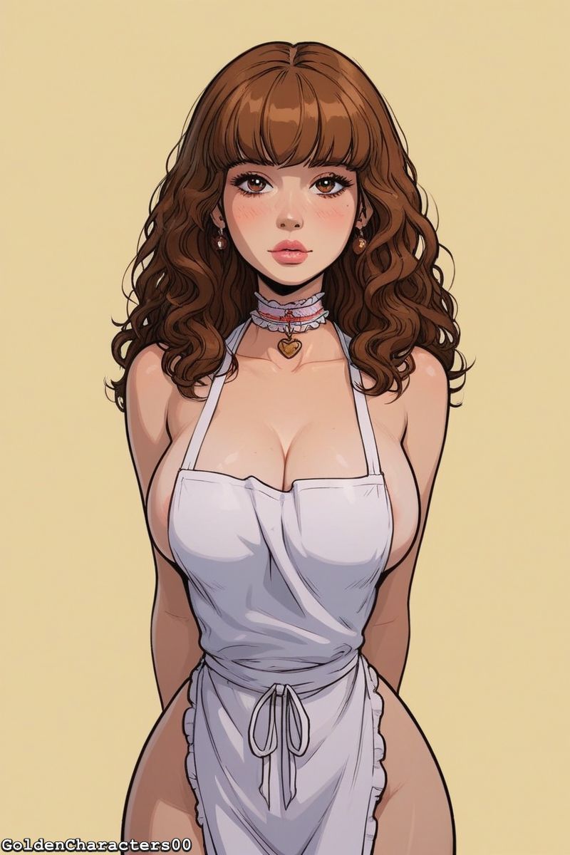 1girls, ai generated, apron, apron only, breasts, brown eyes, brown hair, choker, goldencharacters, harry potter, hermione granger, large breasts, lipstick, no panties, pink lipstick, sideboob, solo, tagme