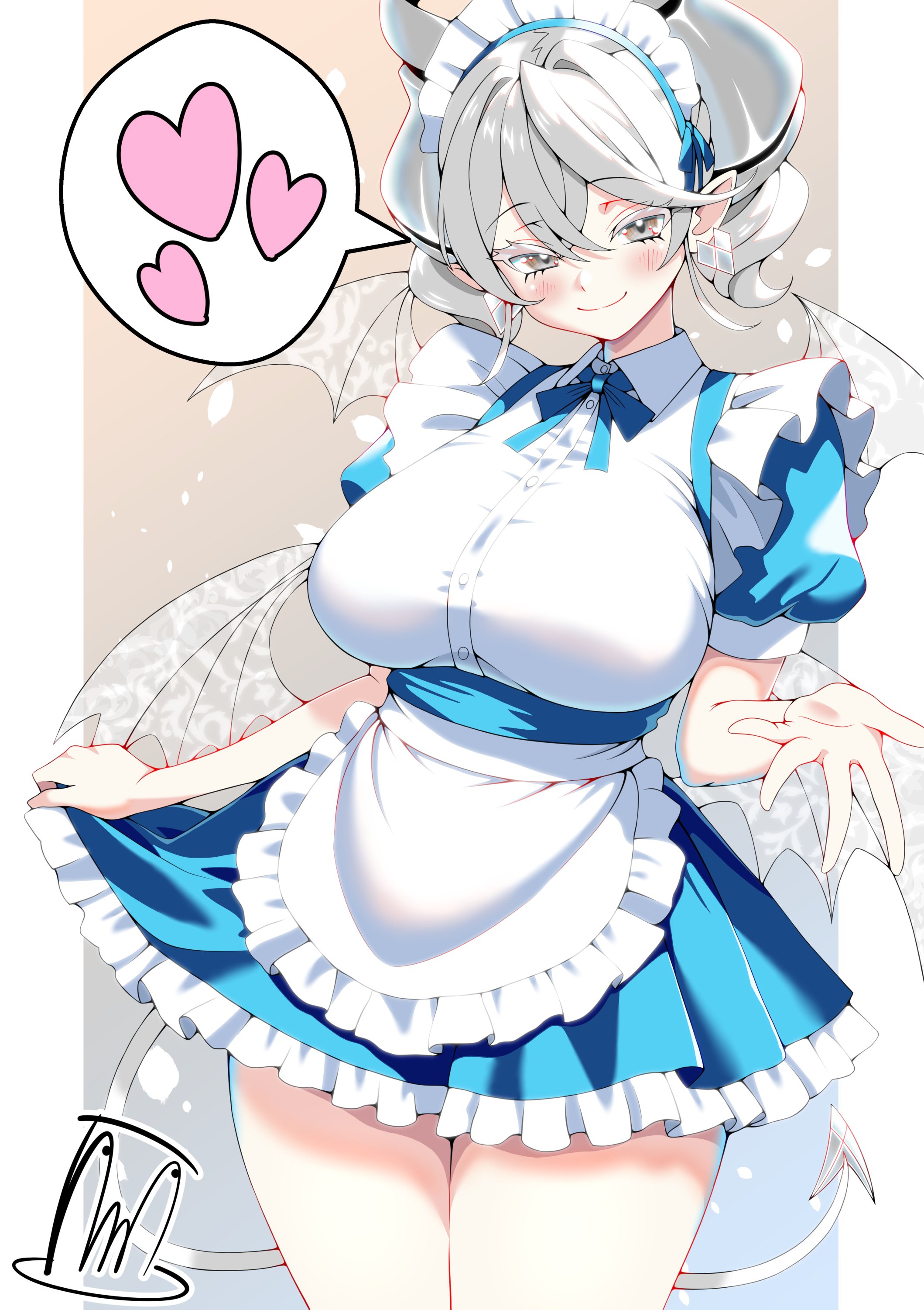 :), 1girls, beautiful, blush, breasts, cute, demon, demon girl, demon horns, duel monster, earrings, female, female only, fringe, heart, huge breasts, kawaii, konami, labrynth of the silver castle, legs, lovely labrynth of the silver castle, maid, maid headdress, maid uniform, model, pointy ears, pose, princess, queen, safe, safe for work, silver eyes, skirt, smile, solo, tail, tama amata, twintails, uniform, white hair, younger female, yu-gi-oh!