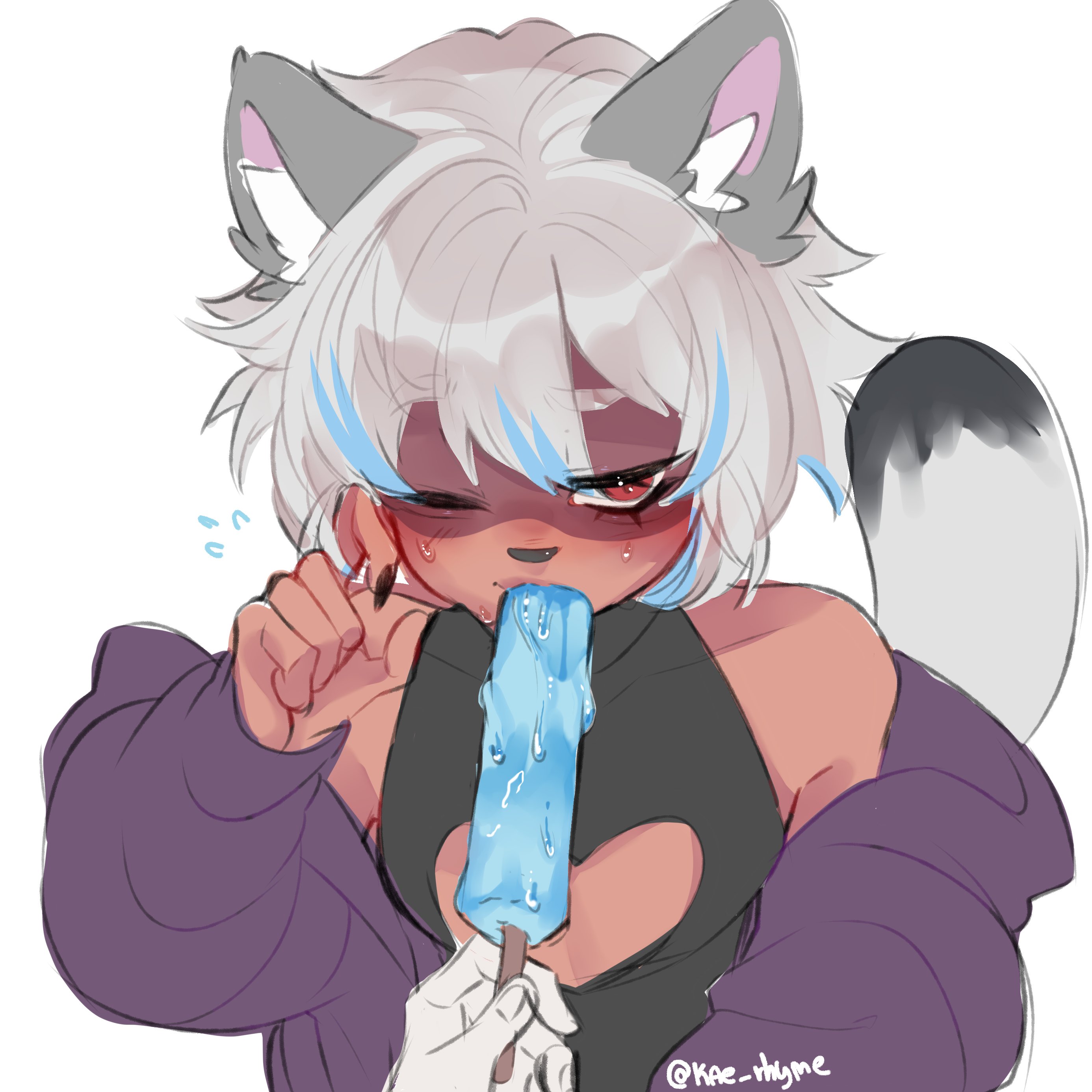 1boy, artist signature, black nails, blue hair, brown eyes, coat, domino mask, femboy, fishnets, heart symbol, ice cream, kae rhyme, male, racoon ears, racoon tail, srakko, sweat, sweatdrop, sweating, tail, two-tone hair, white hair