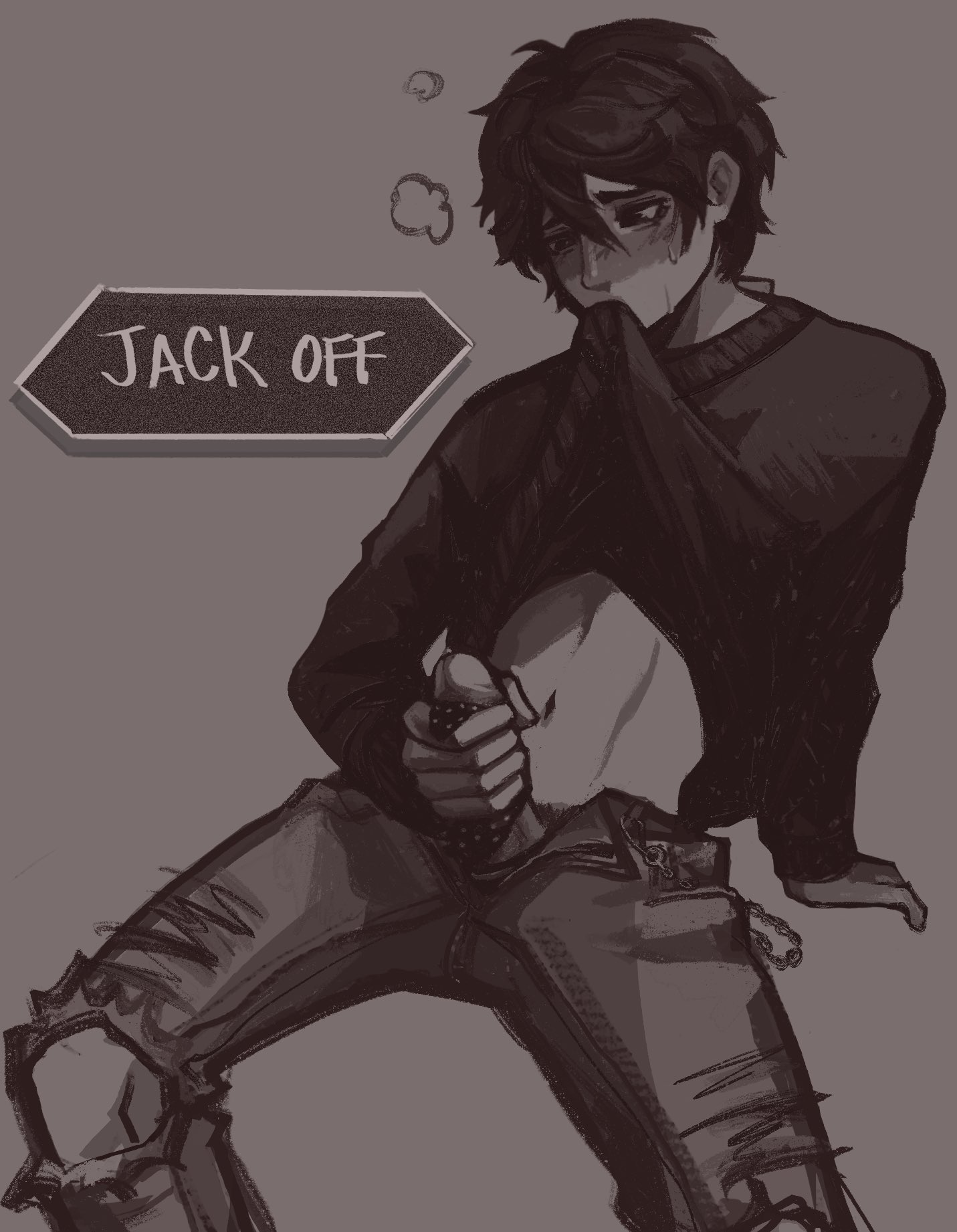 1boy, 2d, andrew graves, black hair, blush, clothed, implied incest, incest, male, male only, masturbating with clothes, masturbating with panties, masturbation, panties, panties around penis, panties on penis, pantyjob, penis, sel (artist), shirt lift, solo, solo male, the coffin of andy and leyley