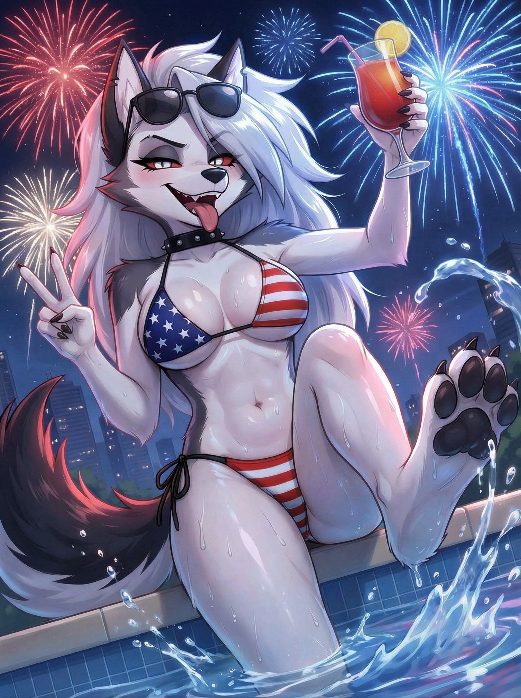 1girls, 4th of july, ai generated, alternate version available, american flag bikini, anthro, anthro female, anthro only, ass, big ass, big breasts, bikini, breasts, canid, canine, canis, celebrating, celebration, choker, demon, demon girl, drink, ear, female, fireworks, fourth of july, furry, furry female, furry only, furry tail, goth, goth girl, grey body, grey fur, grey hair, hellhound, helluva boss, hi res, high quality, high resolution, hires, holding drink, holidays, independence day, long hair, looking at viewer, loona (helluva boss), mildlyflirty, mythological canine, mythological creature, mythology, night, nighttime, open mouth, outdoors, outside, paws, peace sign, pool, poolside, realistic lighting, red sclera, reflection, reflections, sitting, solo, solo female, spiked collar, sunglasses, sunglasses on forehead, sunglasses on head, swimsuit, swimwear, tail, tongue, tongue out, two-piece swimsuit, two-tone body, two-tone fur, two-tone tail, united states, united states of america, upscaled, vivienne medrano, vivziepop, water, wet, wet body, wet fur, wet hair, whisperingveil, white body, white eyes, white fur, wolf, wolf girl