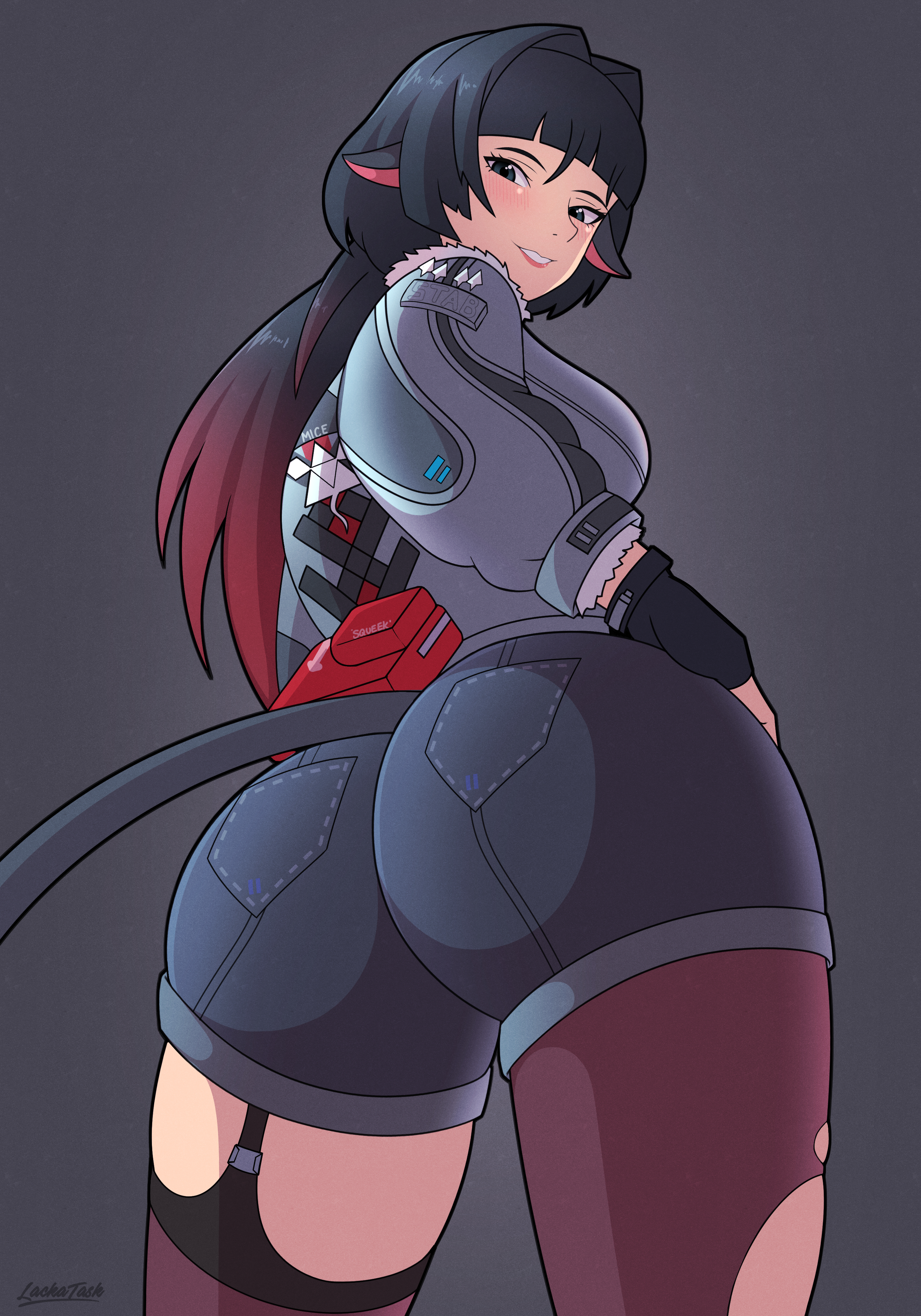 1girls, animal ears, animal tail, ass, ass focus, backboob, big ass, black eyes, blush, bottomwear, bubble ass, bubble butt, dat ass, female, female only, garter straps, gloves, hand on hip, handwear, huge ass, jacket, jane doe (zenless zone zero), lackatask, leggings, legwear, looking back, rat ears, rat girl, rat tail, ripped leggings, smile, solo, solo female, tail, thick thighs, thighs, topwear, zenless zone zero
