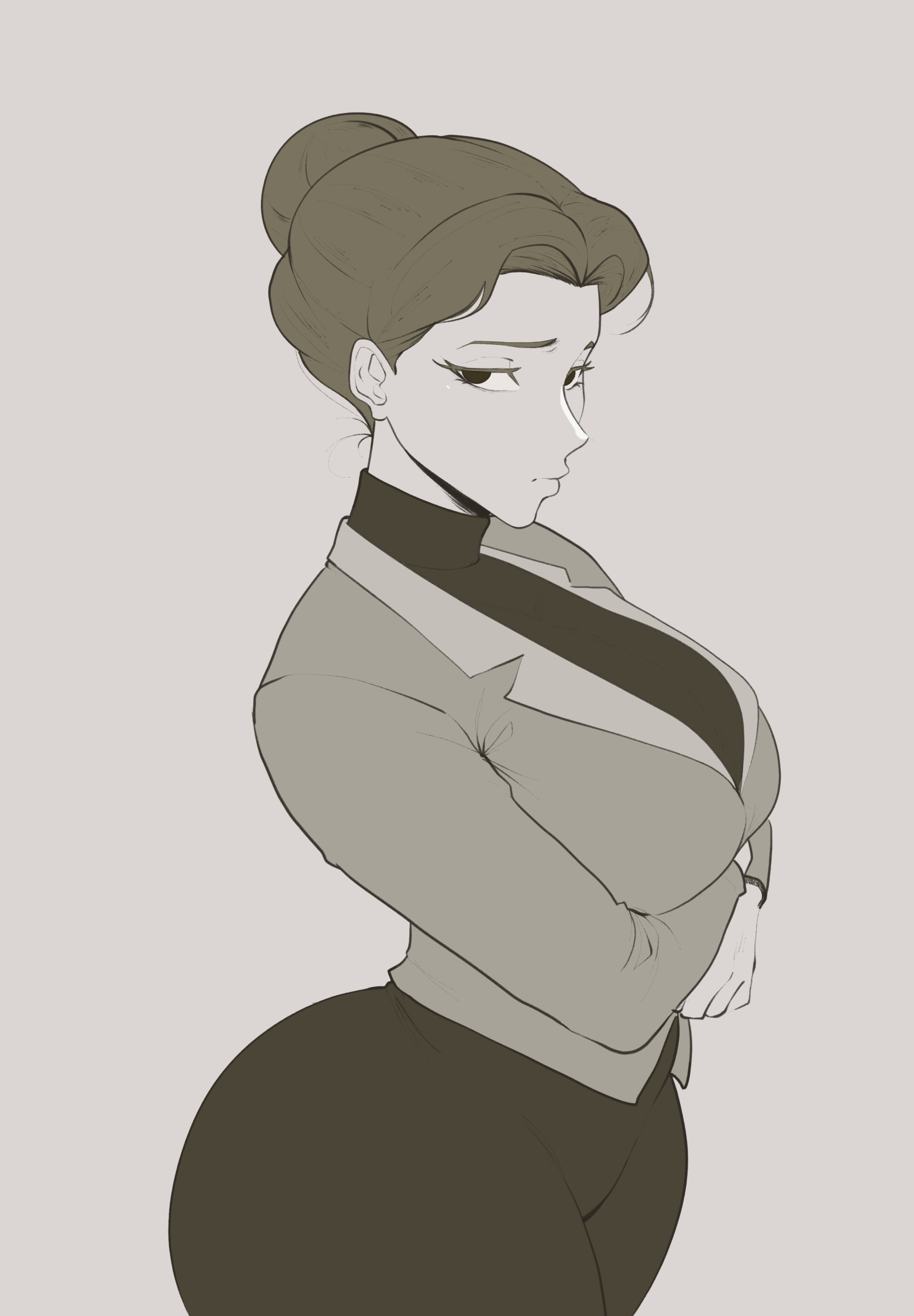 1girls, 9 styless, breasts, clothed, curvy, grey background, greyscale, hair bun, horny female, huge ass, looking at viewer, office lady, simple background, solo female, thicc, turtleneck, voluptuous female