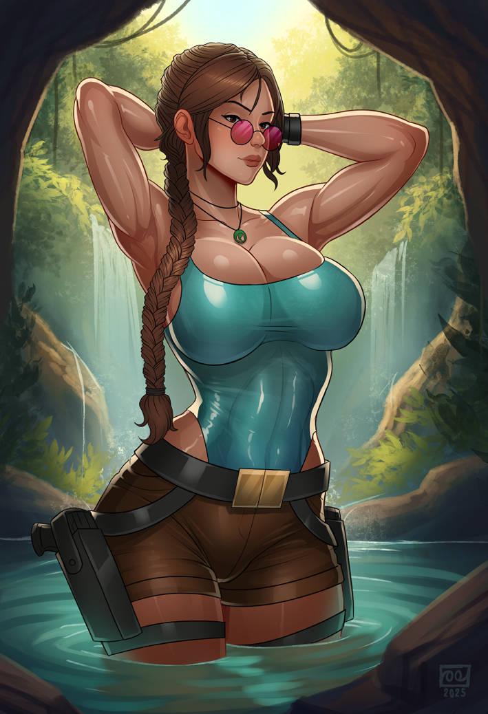 2025, 2d, big breasts, breasts, brown hair, busty, female, female focus, female only, hourglass figure, lara croft, lara croft (classic), long hair, looking over eyewear, looking over sunglasses, monolithic-sloth, sunglasses, tagme, tinted eyewear, tomb raider, tomb raider (classic), wide hips