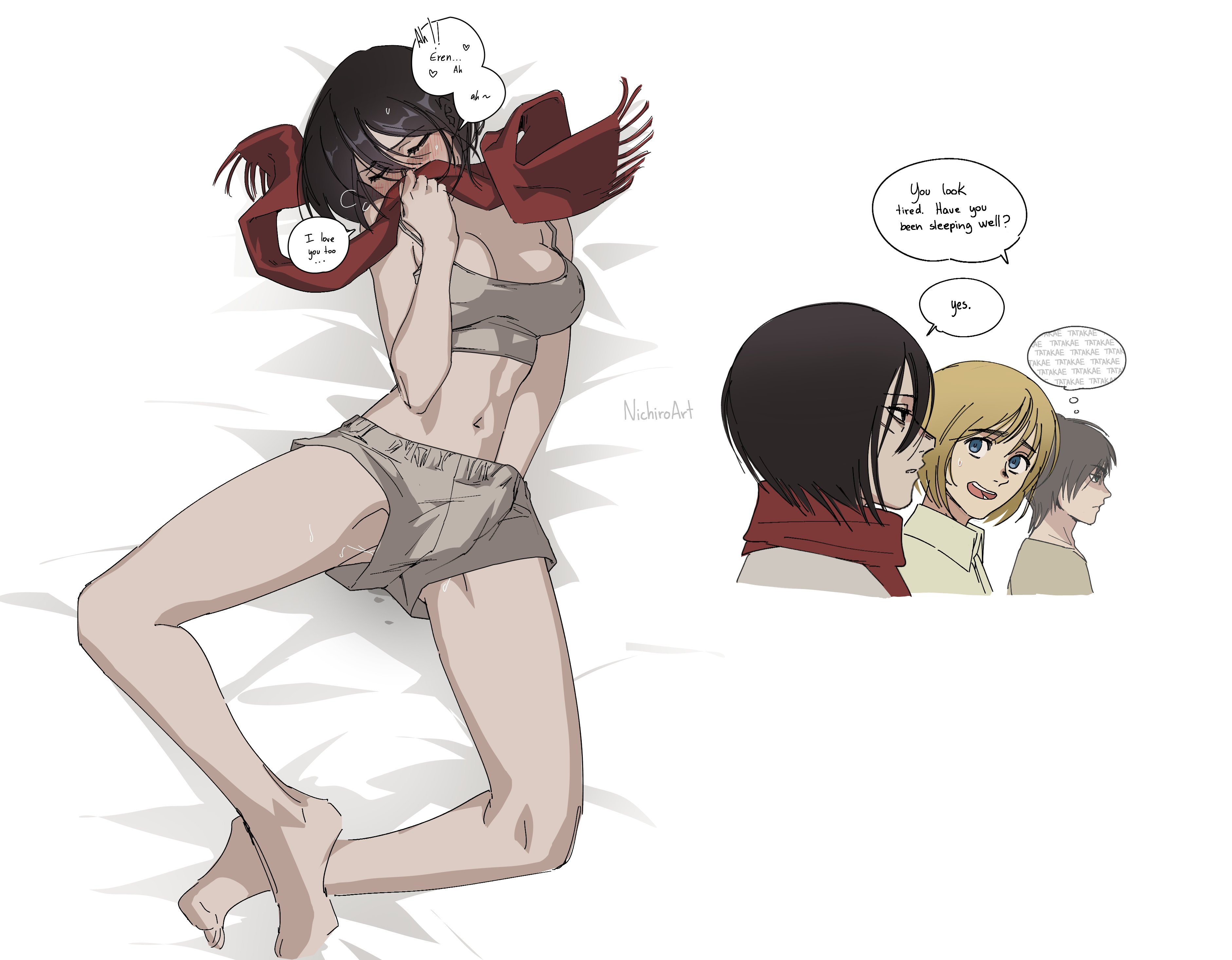 1girls, 2boys, armin arlert, attack on titan, big breasts, black hair, blonde hair, dark hair, english text, eren jaeger, fantasizing, female, female focus, male, masturbating, masturbation, mikasa ackerman, nichiro, nichiroart, scarf, shingeki no kyojin, text, tired
