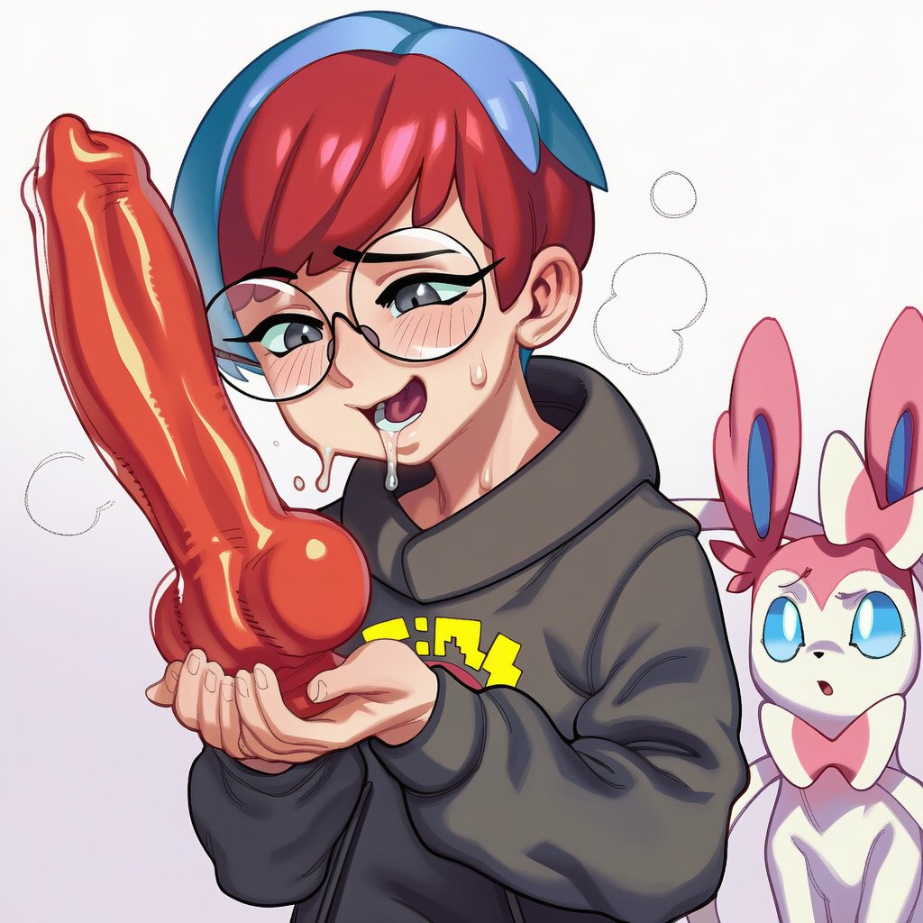 1girls, ai generated, demerzel, dildo, female, female only, looking at dildo, penny (pokemon), pokemon, solo