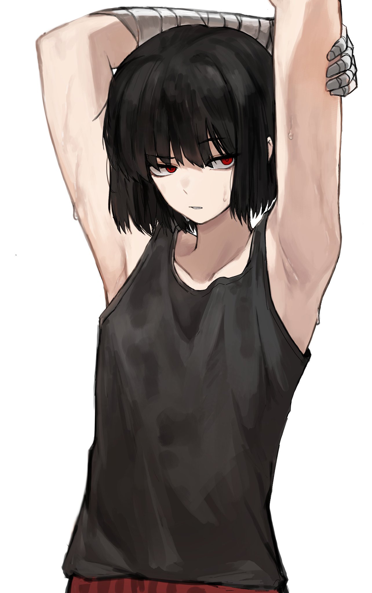 1girls, armpit fetish, armpits, armpits fetish, arms up, badnick69, clothed, clothed female, female, female focus, female only, flat chest, flat chested, limbus company, looking away, project moon, ryoshu (limbus company), solo, solo female, solo focus, sweat, sweatdrop, sweating, sweaty, sweaty body, tagme