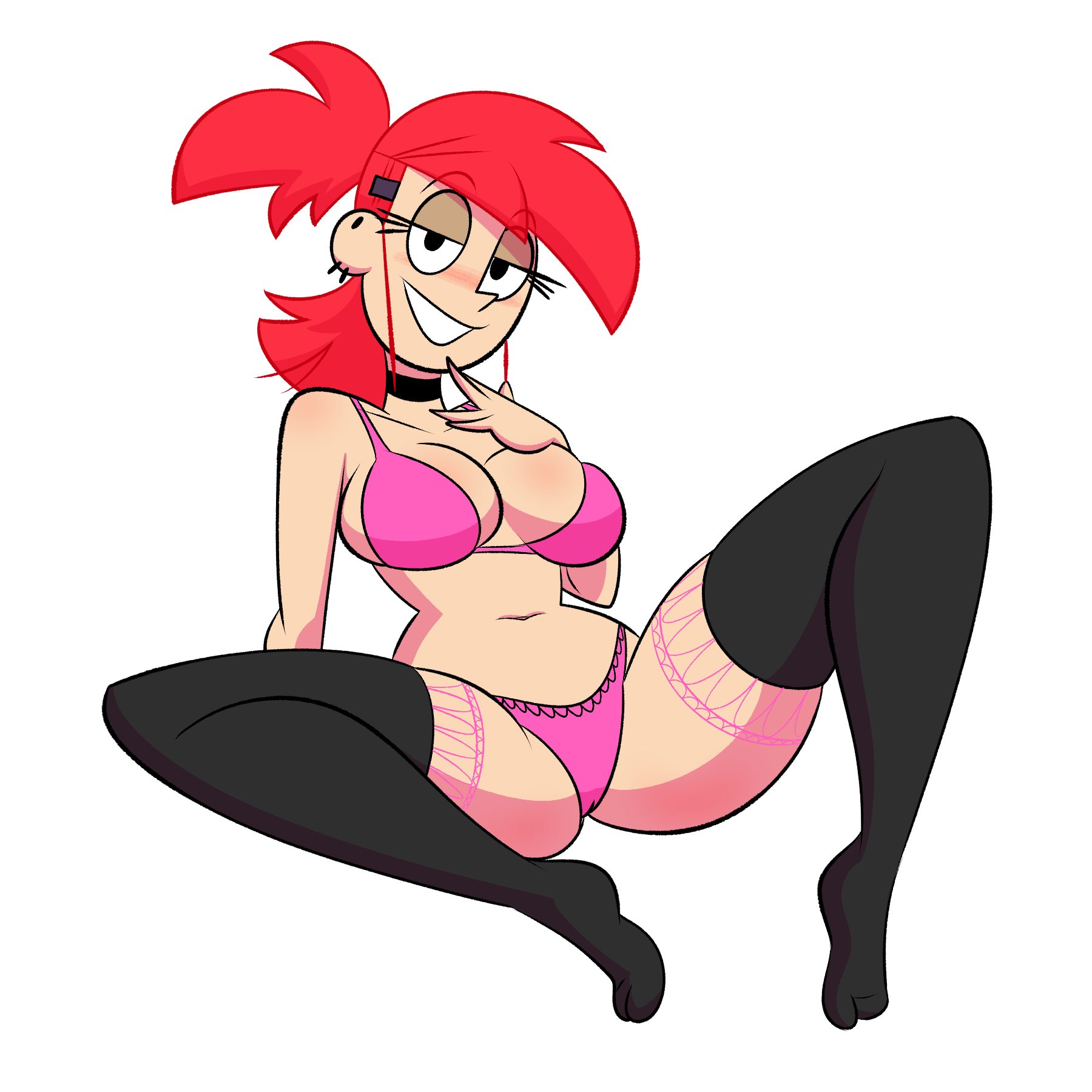 1girls, black eyes, black thighhighs, bottomwear, bra, ear piercing, earrings, feathers-ruffled, female, female only, foster's home for imaginary friends, frankie foster, hair, half-closed eyes, lace, lace trim, lace-trimmed panties, lace-trimmed thighhighs, legwear, lingerie, mature, mature female, panties, pink bra, pink panties, red hair, smile, solo, solo female, thighhighs, tied hair, topwear, white background