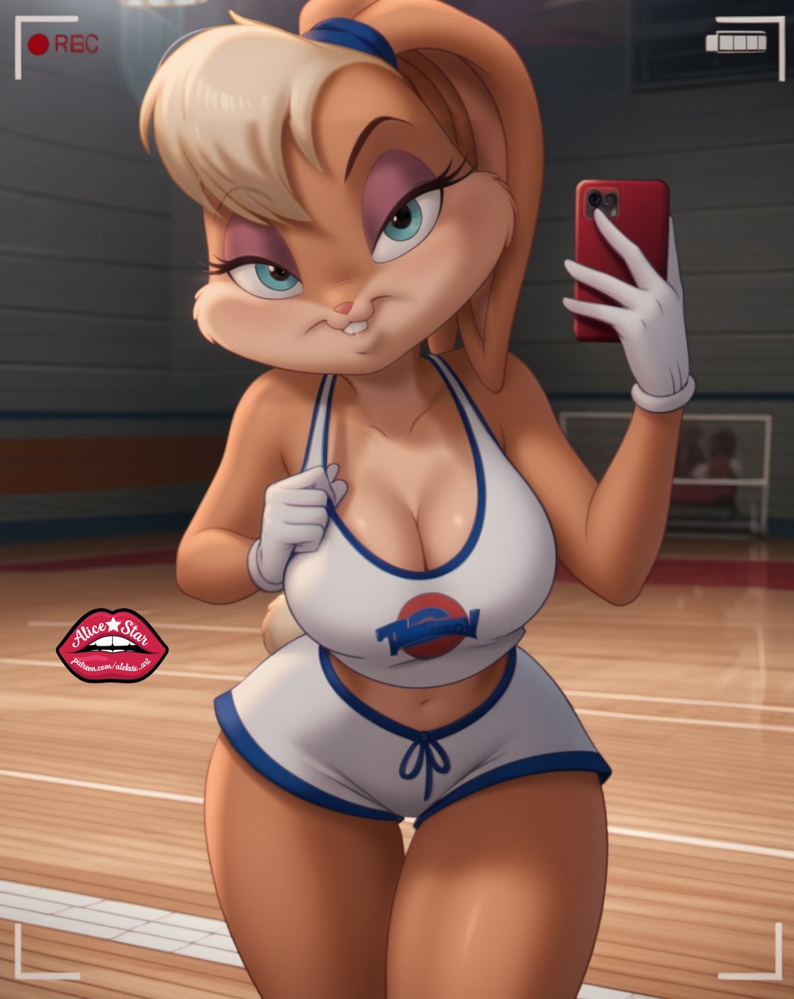 1furry, ai generated, alekxix art, alternate version available, anthro, big breasts, blonde hair, blue eyes, breasts, bunny ears, camera view, cleavage, clothed, ecchi, furry, lola bunny, phone, short hair, space jam, tagme, thighs, watermark