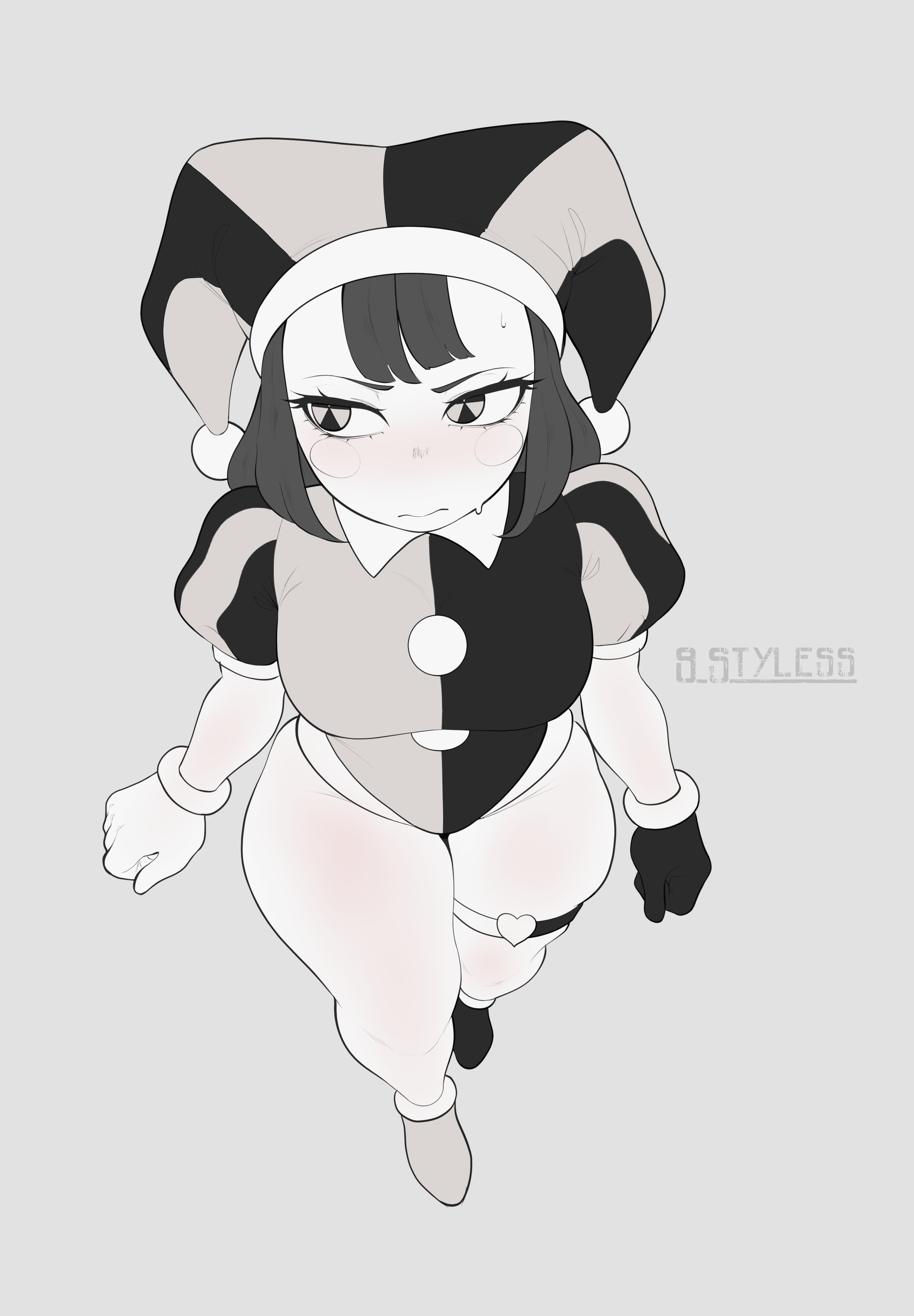 1girls, 9 styless, breasts, female, glitch productions, jester, jester costume, jester hat, jester outfit, monochrome, pomni (the amazing digital circus), simple background, solo, sweat, sweatdrop, the amazing digital circus, thick, thick thighs, viewed from above, voluptuous, voluptuous female