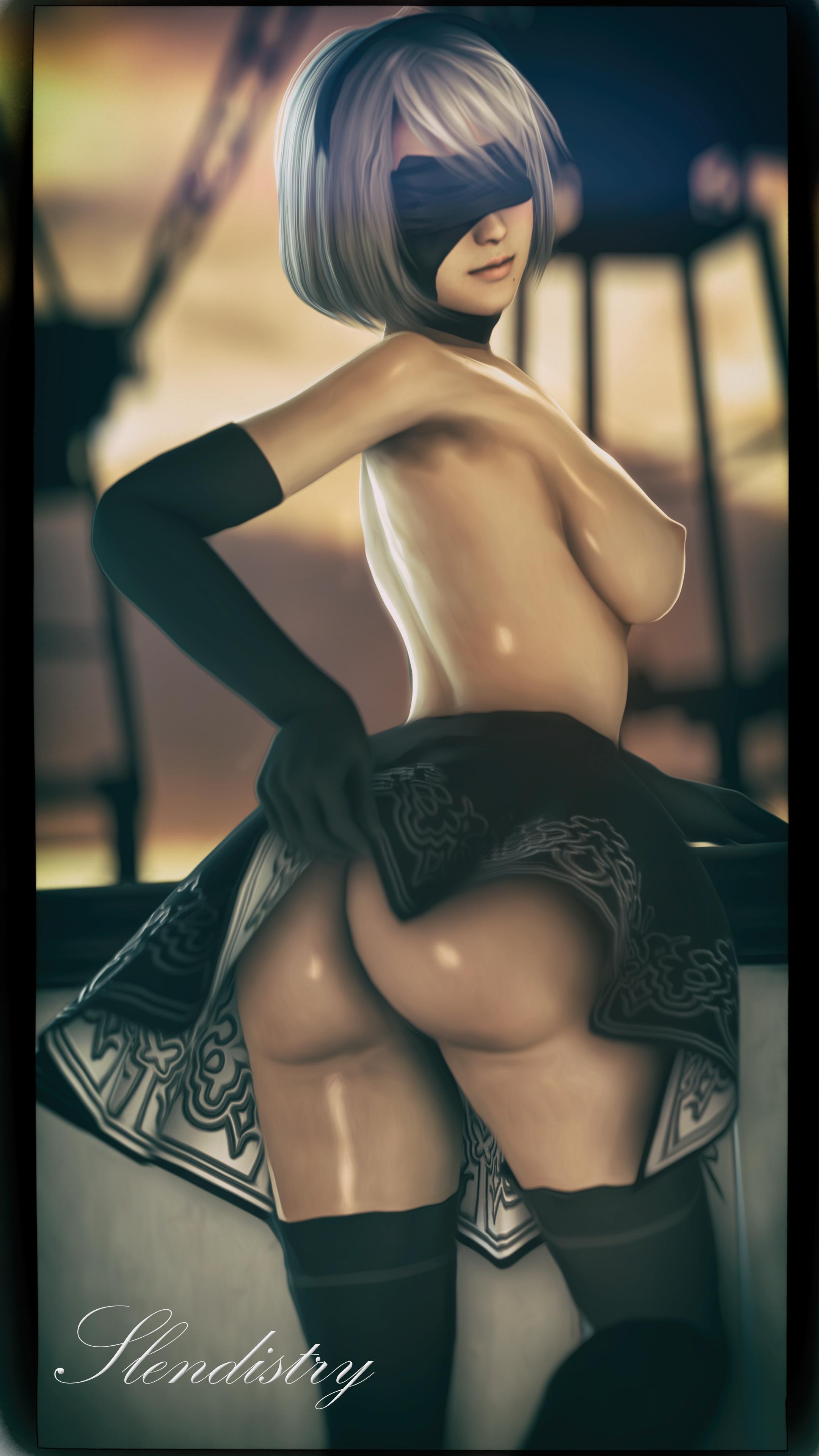 1girls, 2017, 3d, 5 fingers, absurdres, areolae, ass, big ass, big breasts, blindfold, blush, breasts, elbow gloves, female, female only, grey hair, hands, huge ass, large breasts, lips, looking back, nier, nier: automata, nipples, no bra, no panties, nose, shiny, shiny skin, short hair, skirt, slendistry, solo, source filmmaker, standing, yorha 2b