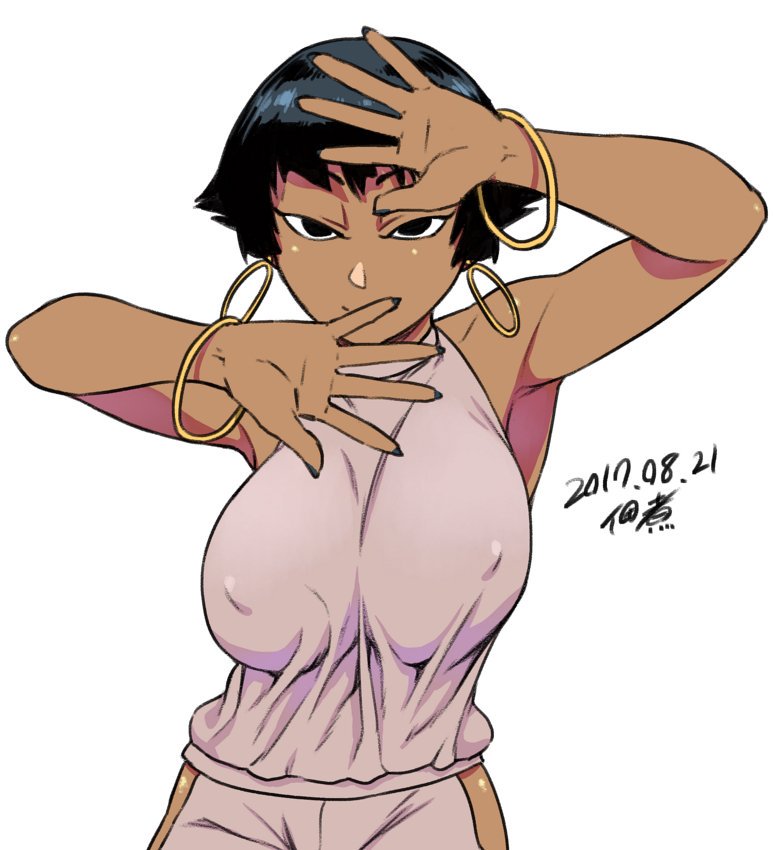 armpits bare_arms bare_hips bare_shoulders black_hair blunt_bangs bob_cut bodysuit bracelet breasts busty dark-skinned_female earrings egyptian erect_nipples eyeliner female female_focus female_only huge_breasts makeup nail_polish nefertari_(tsukudani) nipple_bulge pose posing short_hair solo tsukudani_(coke-buta) tukudani very_short_hair wide_hips