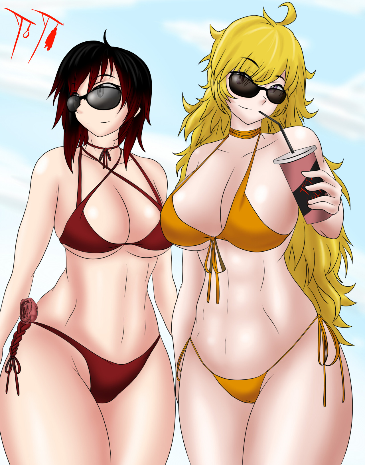 bikini, blonde hair, breasts, female, large breasts, long hair, ruby rose, rwby, side-tie bikini, suicidetoto, sunglasses, swimsuit, tagme, yang xiao long