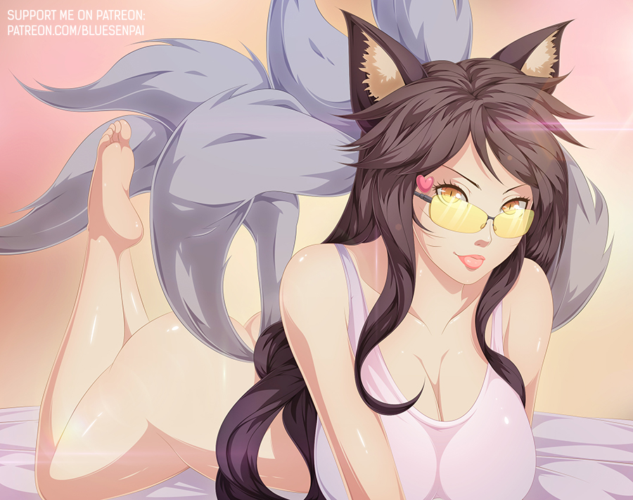 ahri, animal ears, ass, bare arms, bare legs, bare shoulders, barefoot, bed, bed sheet, black hair, blue-senpai, bottomless, breasts, cleavage, collarbone, facial mark, feet, female, fox girl, fox tail, golden eyes, heart, kitsunemimi, large breasts, league of legends, legs up, lips, long hair, looking at viewer, lying, on stomach, patreon, shiny, shiny skin, shirt, slit pupils, smile, soles, solo, sunglasses, tail, toes, whisker markings, whiskers, white shirt, yellow eyes