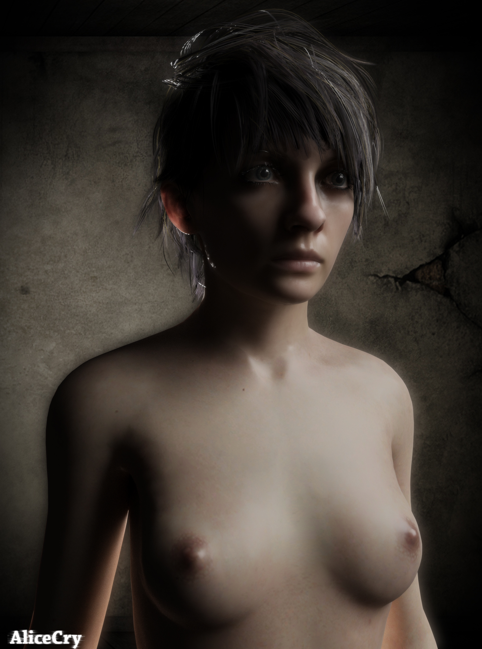 1girls, 2017, 3d, absurdres, alicecry, areolae, black eyes, breasts, capcom, female, female only, grey hair, hair, human, lips, medium breasts, nipples, nose, nude, resident evil, resident evil 7, shiny, shiny skin, short hair, source filmmaker, upper body, zoe baker