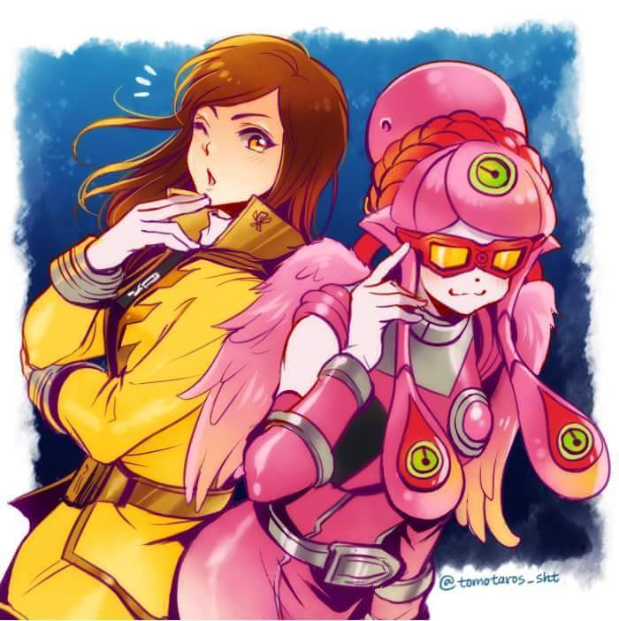 2girls glass gokai_yellow ichimichi_nao kaizoku_sentai_gokaiger long_hair luka_millfy multiple_girls raptor-283 robot_girl super_sentai uchuu_sentai_kyuranger voice_actor_connection washi_pink wings yellow_eyes