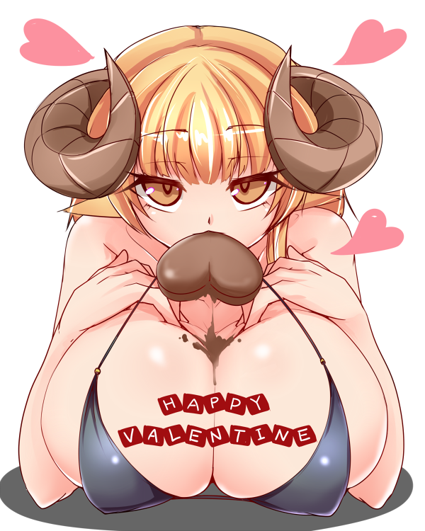 animal_ears bikini black_bikini black_swimsuit blonde_hair breast_suppress breasts chocolate eating erect_nipples female female horns huge_breasts invitation looking_at_viewer mouth_hold nana_(mogs1225) orange_eyes orange_hair original sexually_suggestive short_hair simple_background solo swimsuit upper_body valentine white_background