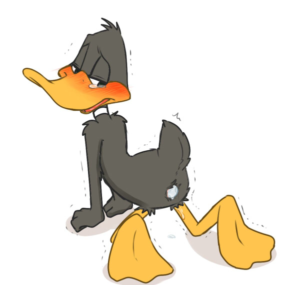 all_fours anthro ass avian bird blush daffy_duck duck egg egg_laying feathers feet looking_back looney_tunes male male_only open_mouth shaking simple_background solo tears trembling warner_brothers zehn