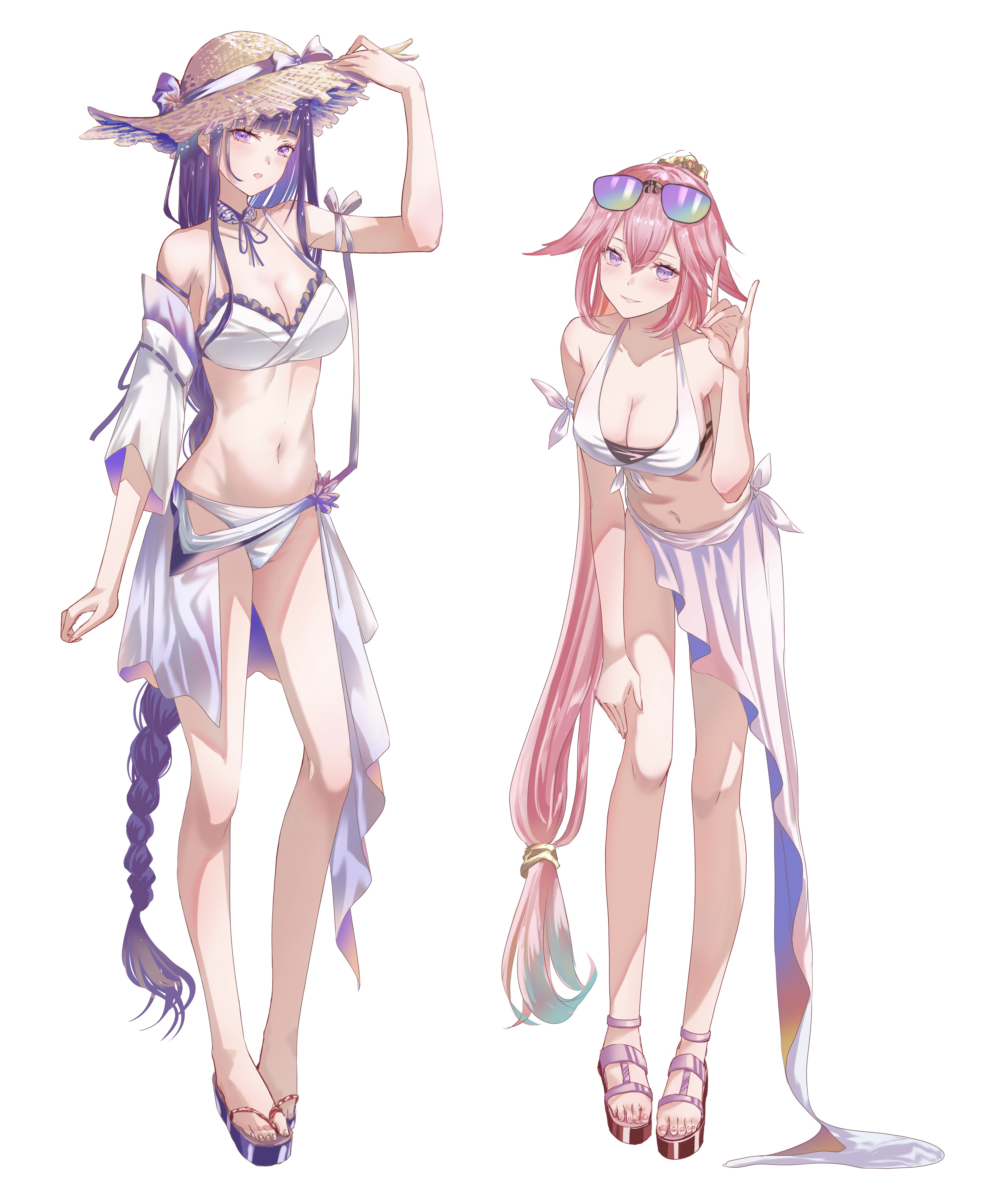 2girls, absurd res, absurdres, adult, adult female, ankles, arm above head, arm up, bare belly, bare chest, bare hands, bare hips, bare knees, bare legs, bare midriff, bare navel, bare shoulders, bare thighs, beach hat, belly, belly button, bikini, bikini bottom, bikini only, bikini top, braid, braided hair, braided ponytail, breasts, busty, busty female, cleavage, closed mouth smile, collarbone, curvaceous, curvaceous body, curvaceous female, curvaceous figure, curvaceous hips, curvy, curvy body, curvy female, curvy figure, curvy hips, elbows, exposed arms, exposed belly, exposed chest, exposed hips, exposed legs, exposed midriff, exposed navel, exposed shoulders, exposed skin, exposed thighs, exposed toes, feet, female, female focus, female only, fingers, footwear, full body, genshin impact, groin, hair between eyes, hair ornament, hair ornaments, hand above head, hand up, hat, high resolution, highres, kinomtan, knees, large breasts, lean figure, leaning forward, legs, long hair, looking at viewer, mature, mature female, midriff, multiple females, multiple girls, narrow waist, navel, pink eyebrows, pink hair, pink-haired female, ponytail, purple eyebrows, purple eyes, purple hair, purple-eyed female, purple-haired female, raiden shogun, sandals, shoulders, side-tie bikini, simple background, slender body, slender waist, slim waist, smile, smiley face, smiling, smiling at viewer, smirk, standing, string bikini, sunglasses, sunglasses on forehead, sunglasses on hat, sunglasses on head, swimsuit, swimwear, thighs, toes, very long hair, white background, yae miko