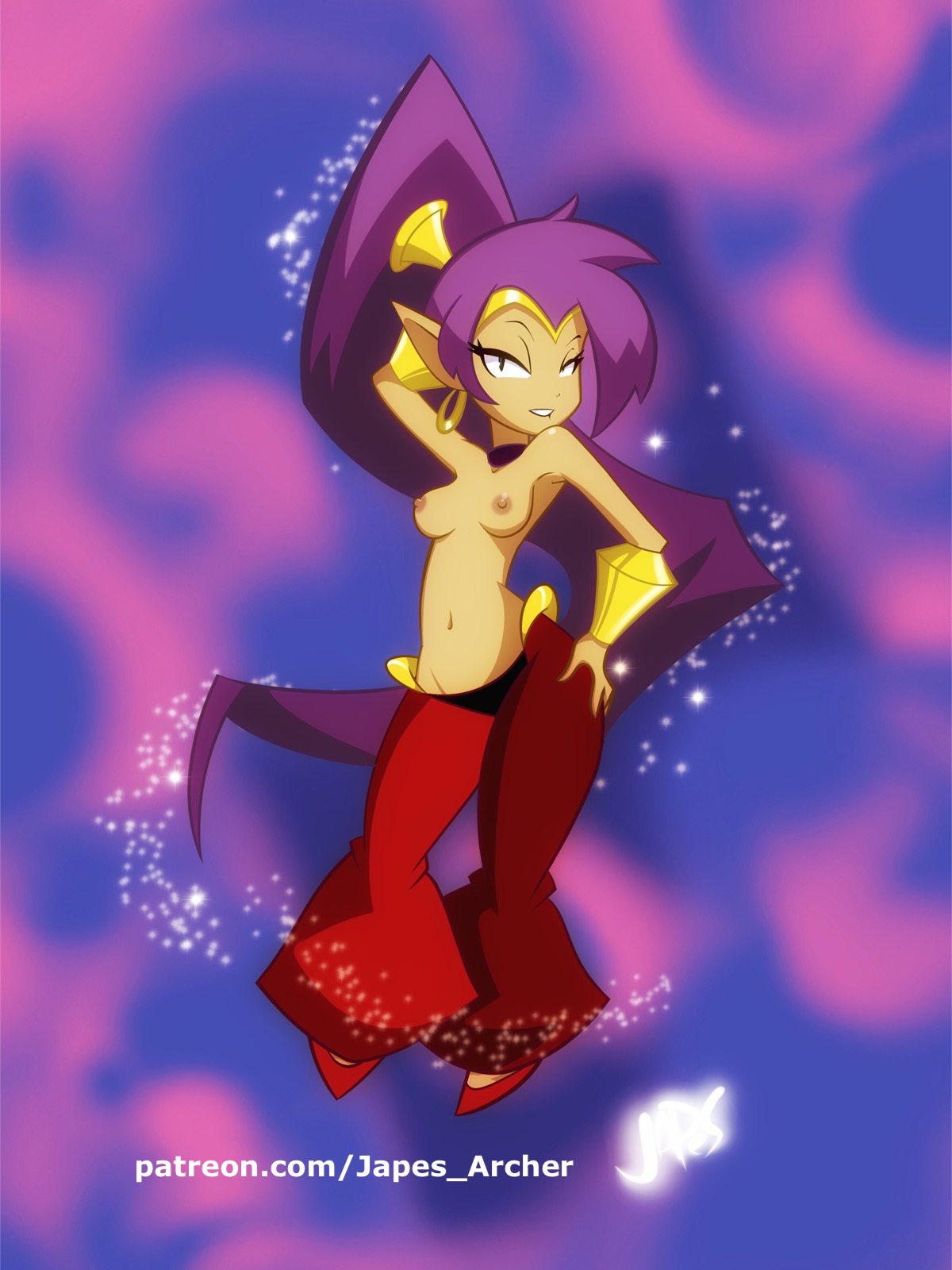 abstract background, areolae, breasts, choker, dancing, earrings, female, female only, footwear, full body, genie, gold (metal), highres, hoop earrings, humanoid, japes, long hair, medium breasts, navel, nipples, pants, pointy ears, ponytail, purple hair, shantae, shantae (character), shoes, signature, smooth skin, solo, sparkle, standing, tied hair, topless, vambraces, very long hair
