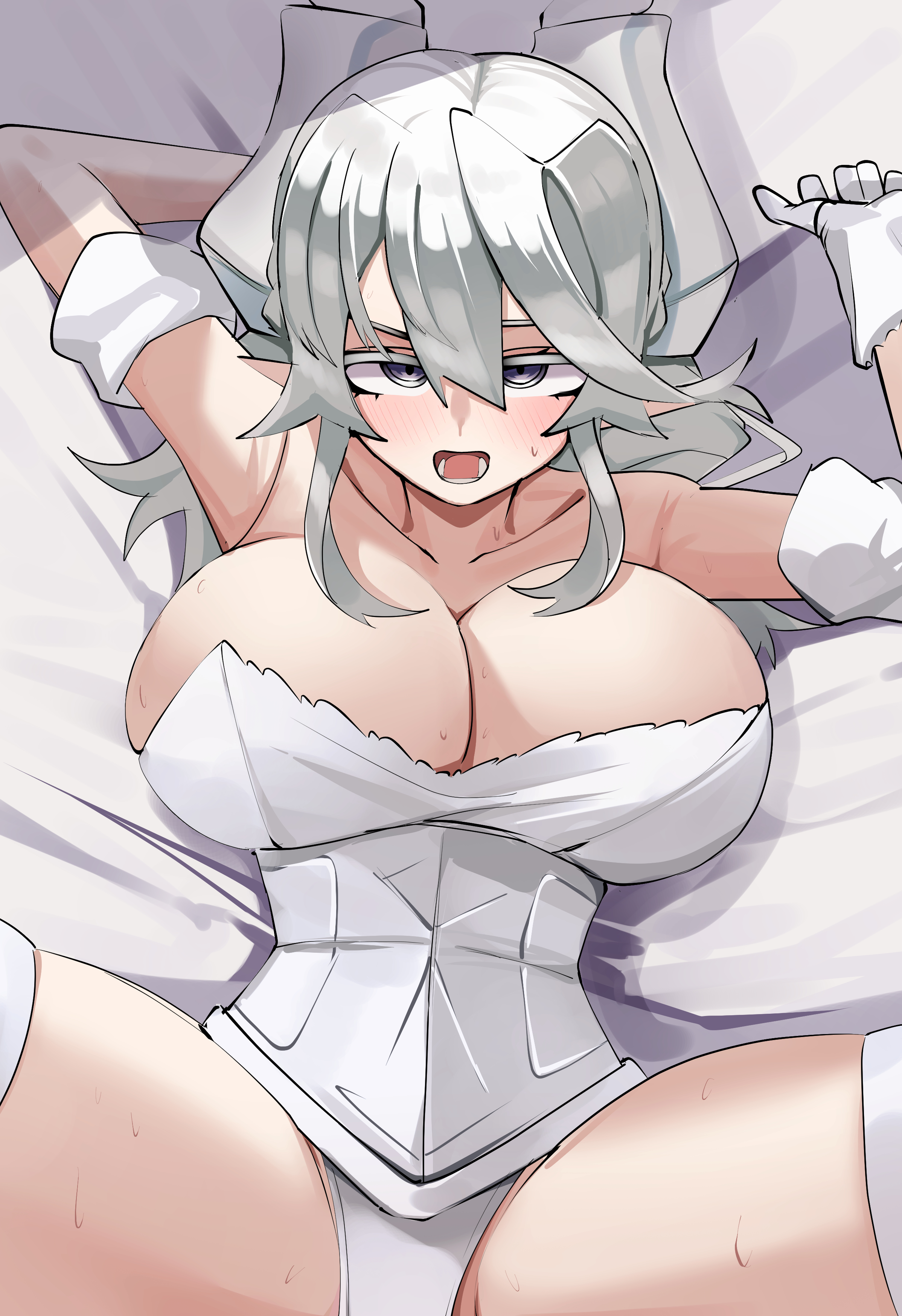 1girls, actancyaga, bed, breasts, clothing, demon, demon girl, demon horns, duel monster, female, female only, gloves, hi res, horny, horny female, konami, labrynth of the silver castle, legwear, lovely labrynth of the silver castle, open mouth, princess, safe, safe for work, silver eyes, solo, spread legs, white hair, yu-gi-oh!