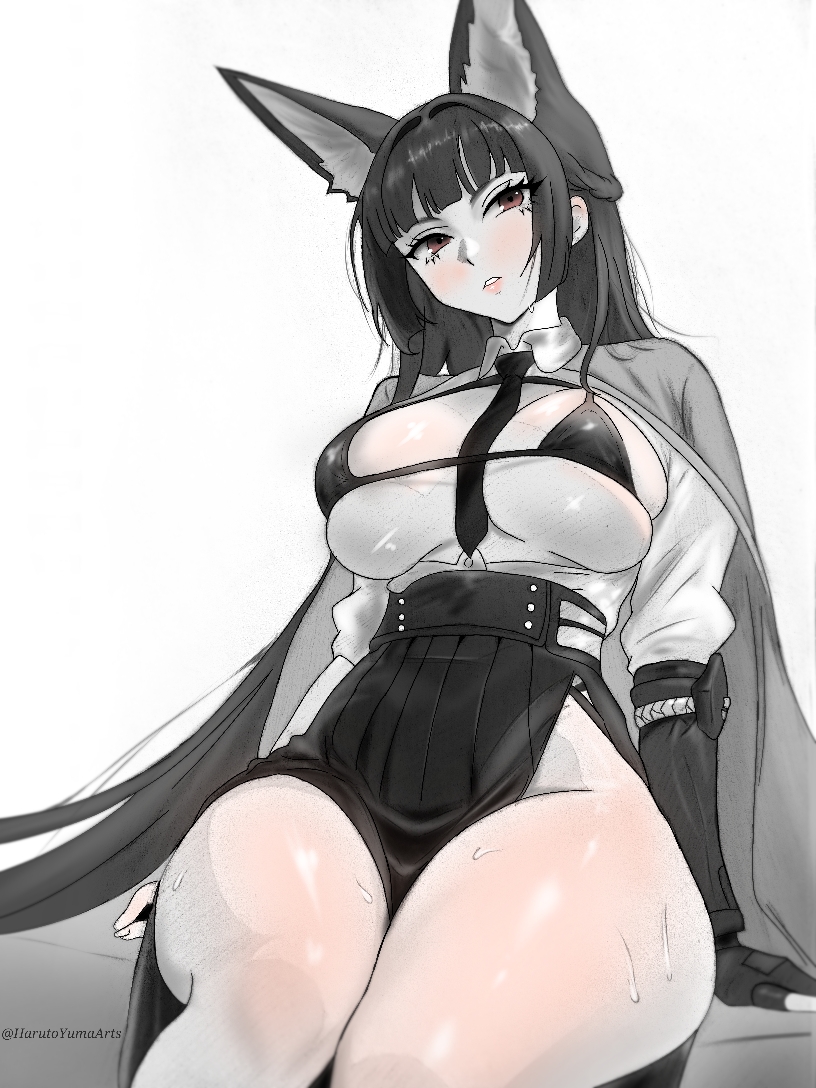 alternate_breast_size animal_ears bikini black_bikini black_gloves black_hair black_necktie breasts brown_eyes cape female fingerless_gloves fox_ears fox_girl gloves grey_background grey_cape harutoyumaarts hoshimi_miyabi large_breasts long_hair looking_at_viewer necktie sitting solo sweat swimsuit thick_thighs thighs twitter_username zenless_zone_zero