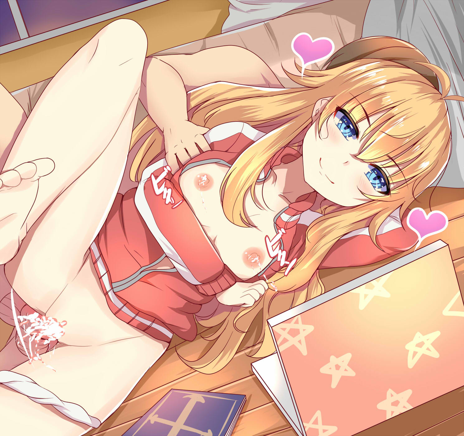 1boy, 1girls, blonde hair, blue eyes, blush, breasts, cum, cum in pussy, cum inside, ejaculation, female, gabriel dropout, gabriel tenma white, kuroko (18717331), lactation, male, nipples, no bra, panties, pussy, sex, small breasts, underwear, vaginal penetration, white panties