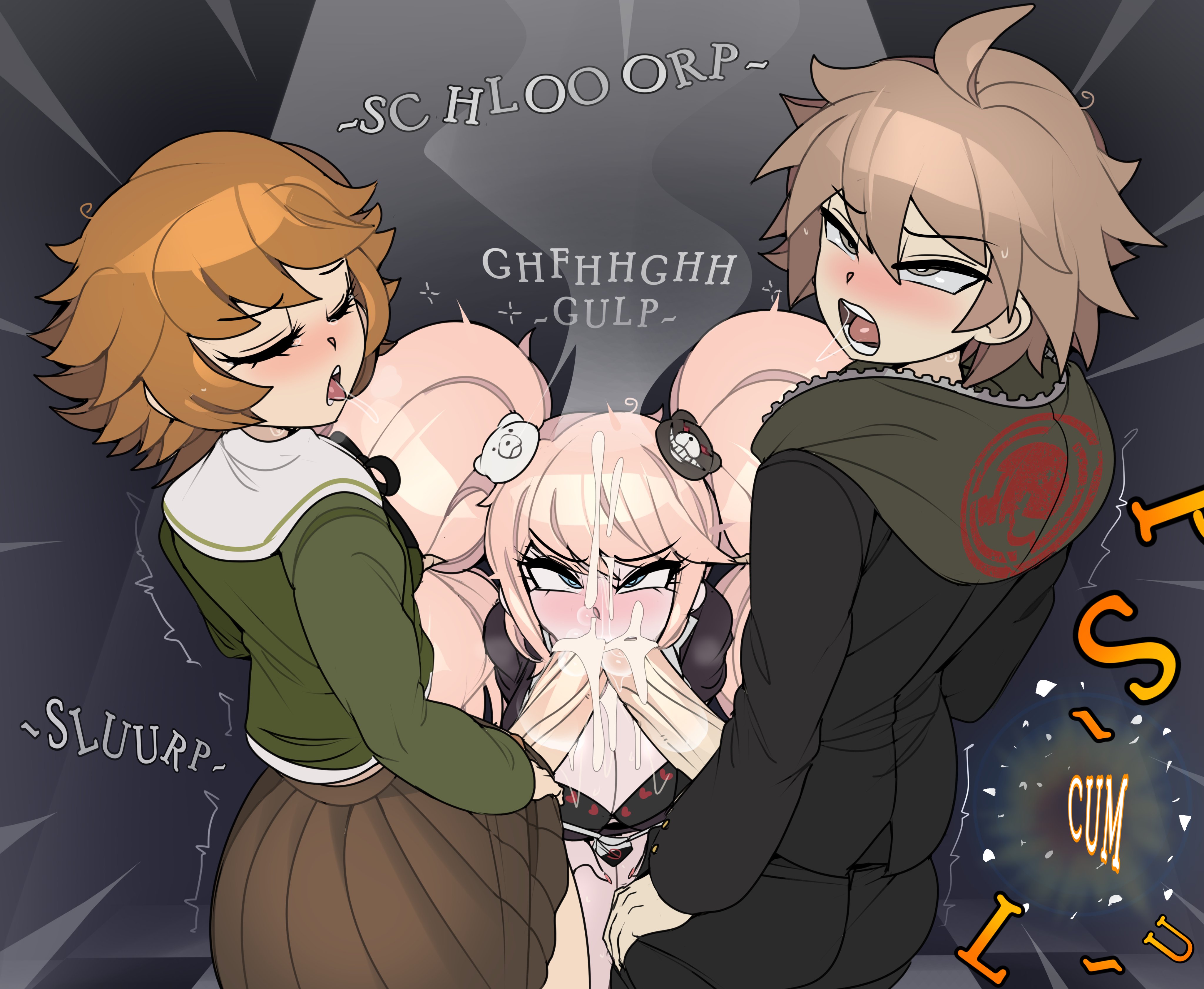 1girls, 2025, 2boys, big breasts, big penis, bisexual, bisexual male, blonde hair, breasts, brown hair, captain kirb, cum, cum in mouth, danganronpa, danganronpa: trigger happy havoc, double barrel blowjob, double barrel fellatio, fellatio, female, femboy, femboy on female, fujisaki chihiro, junko enoshima, male, male/male/female, naegi makoto, orgasm, orgasm face, penis, skirt, threesome, twintails