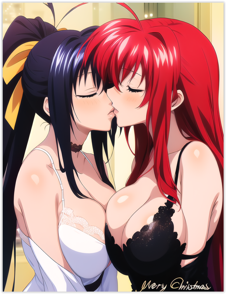 2females 2girls 2women ai_generated akeno_himejima girl_on_girl high_school_dxd lesbian_couple lesbian_kiss merry_christmas rias_gremory sapphic yuri yuri yuri