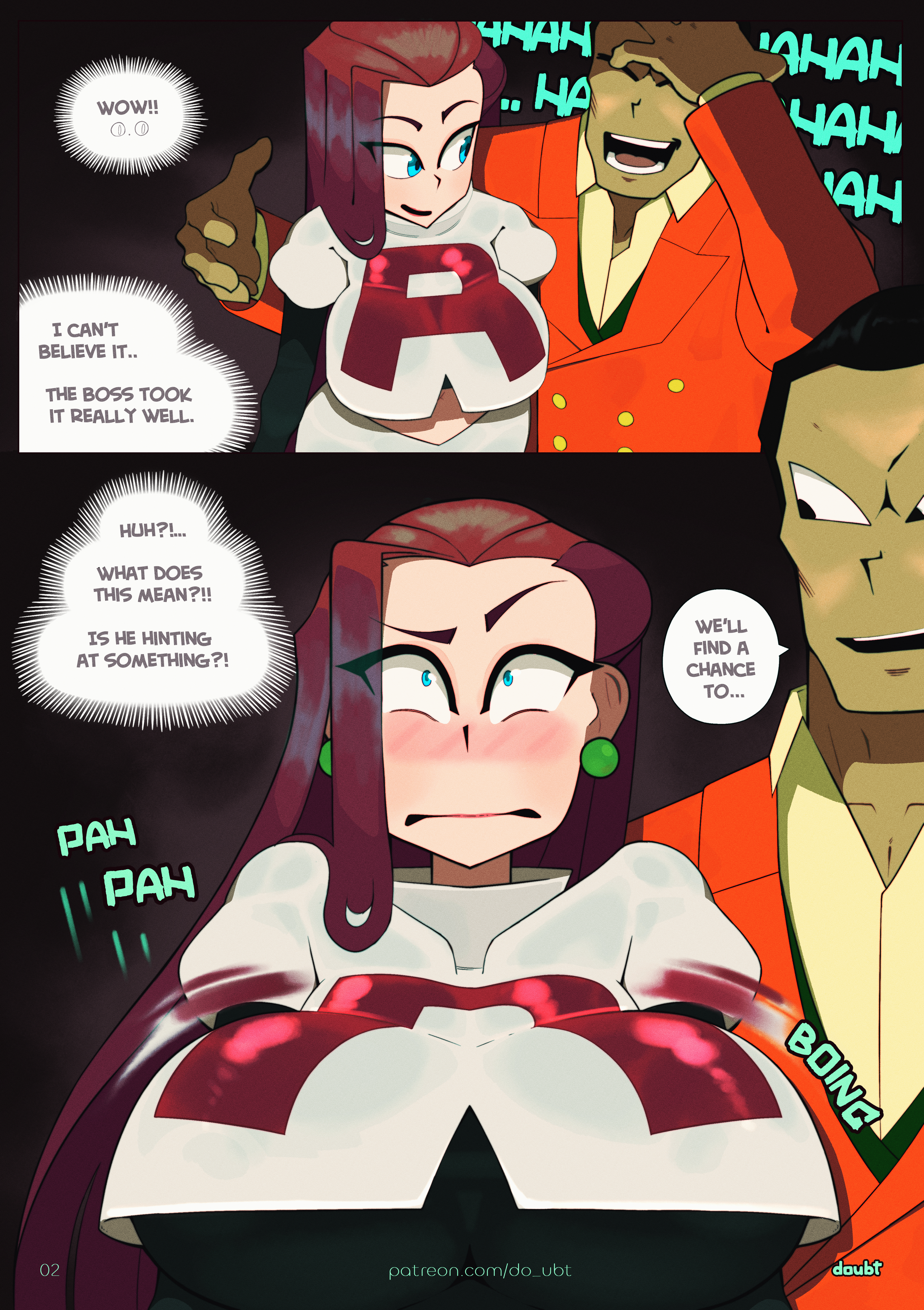 1girl1boy, ashamed, black hair, blue eyes, breasts focus, comic, dark background, doubt (thedo ubt), earrings, ecchi, english text, facial hair, female, formal, gigantic breasts, giovanni (pokemon), gloves, grabbing from behind, holding, huge breasts, jessie (pokemon), large breasts, legwear, long hair, looking at viewer, milf, multiple views, night, onomatopoeia, oppai, page 2, pokemon, red hair, red lipstick, skindentation, smile, speech bubble, standing, straight, suit, team rocket, team rocket uniform, underboob
