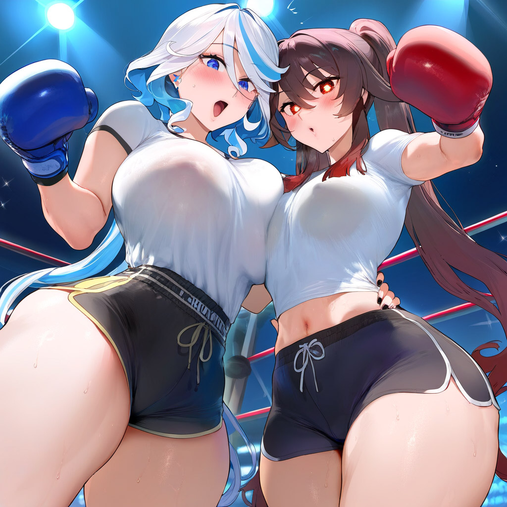 2girls asymmetrical_docking bangs black_hair blue_eyes blue_hair blush boxing_gloves boxing_ring breast_press breasts depressu eyebrows_visible_through_hair furina_(genshin_impact) genshin_impact hair_between_eyes hu_tao_(genshin_impact) huge_breasts imminent_sex large_breasts long_hair looking_at_viewer multicolored_hair multiple_girls navel red_eyes red_hair shirt shorts sky stadium streaked_hair sweat thighs two-tone_hair white_shirt yuri