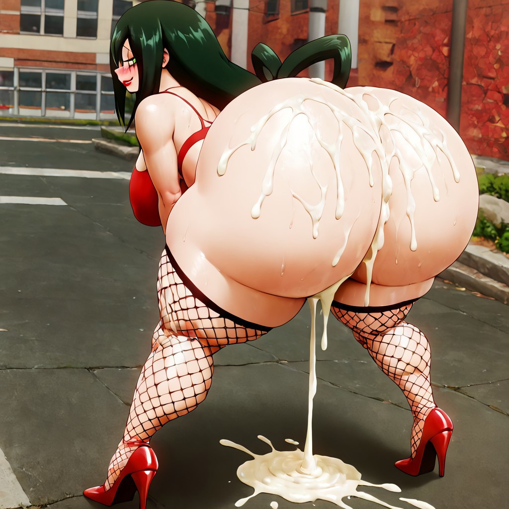 1girls ai_assisted ai_generated big_ass civitai cum cum_inside excessive_cum fishnets high_heels huge_ass kalagod my_hero_academia tank_top tsuyu_asui