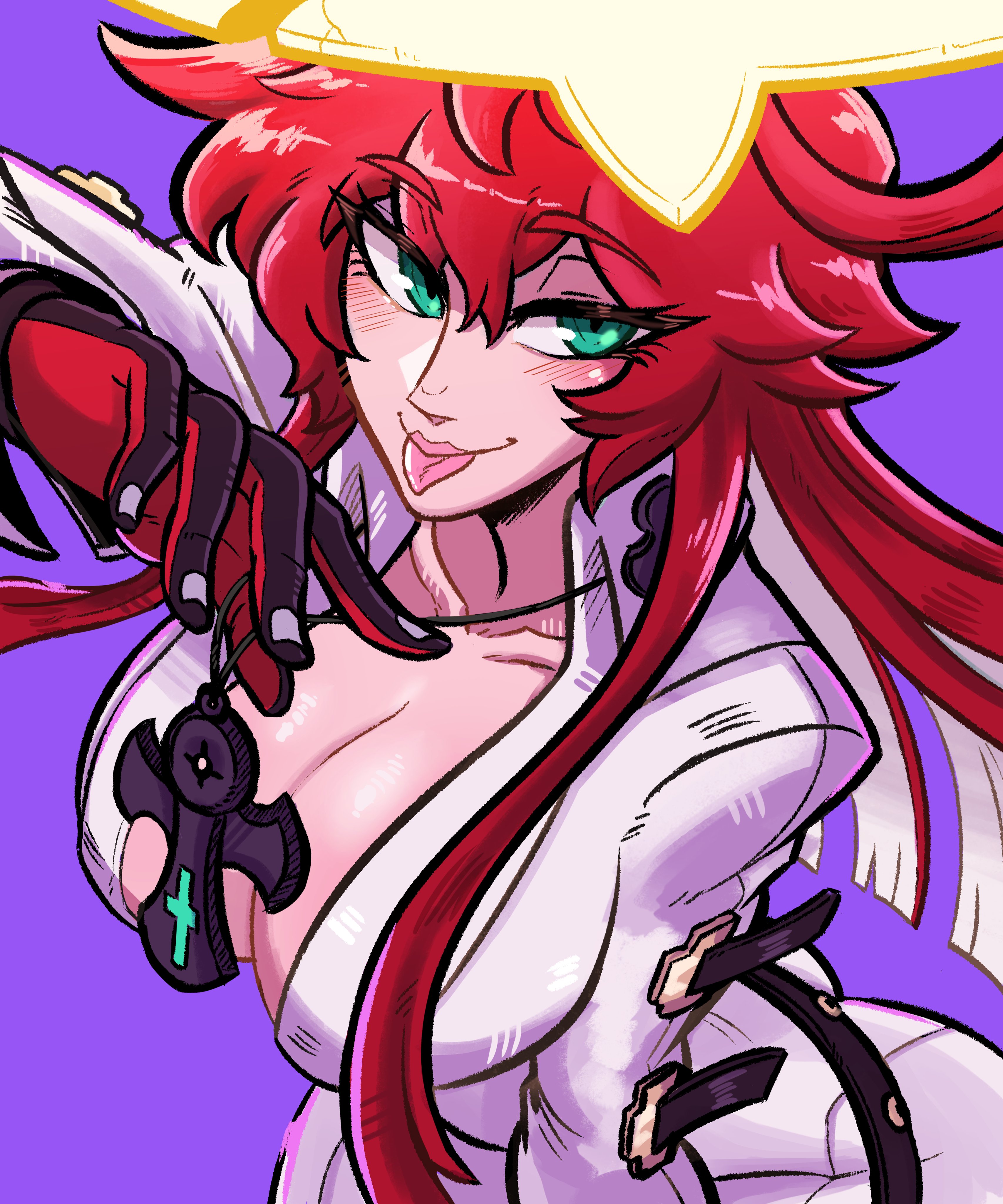 1girls, arc system works, ass, big breasts, blush, bodysuit, breasts, cleavage, collarbone, colored inner hair, cross, female, female focus, female only, gloves, green eyes, guilty gear, highres, jack-o' valentine, large breasts, lips, long hair, looking at viewer, multicolored hair, necklace, red hair, scruffyturtles, simple background, smile, solo, tongue, tongue out