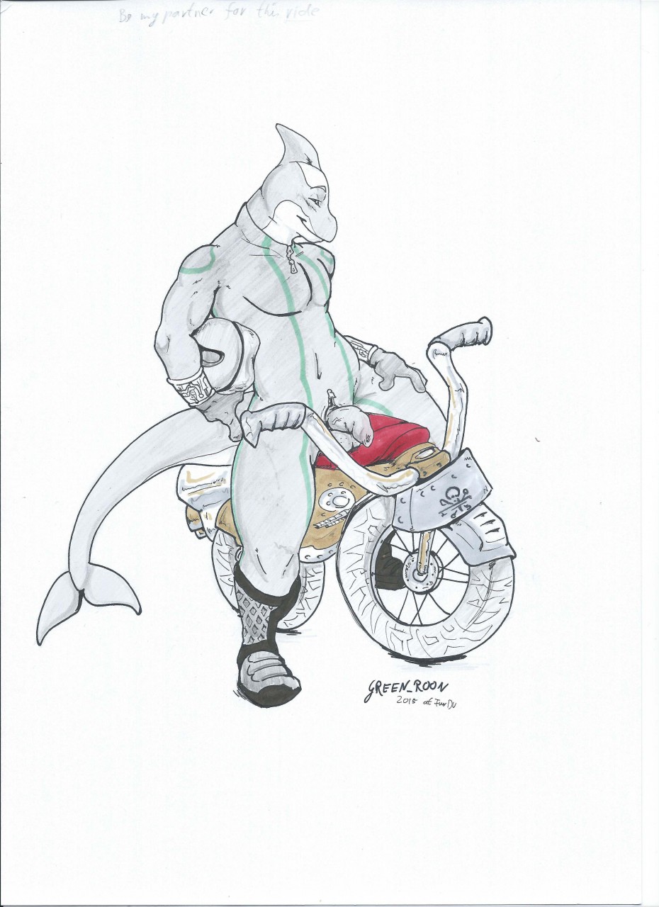 2015 anthro armor artist_name balls bedroom_eyes bodysuit boots bottomwear cetacean clothed clothing dolphin flaccid footwear genitals gloves green_roon handwear handwritten_text headgear helmet hi_res leather leather_clothing male mammal marine motorcycle motorcycle_helmet muscular muscular_male narrowed_eyes oceanic_dolphin open_bottomwear open_clothing open_pants orca pants penis seductive shoes sitting skinsuit skull_and_crossbones smile solo tail text tight_clothing toothed_whale traditional_media_(artwork) vehicle