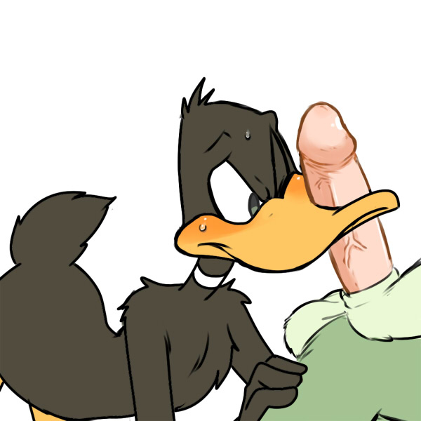 anthro avian balls bird bugs_bunny daffy_duck duck erection feathers furry hand_on_leg lagomorph looney_tunes male male_only mammal one_eye_closed penis penis_nuzzling rabbit simple_background soft_feathers sweat vein veiny_penis warner_brothers yaoi zehn