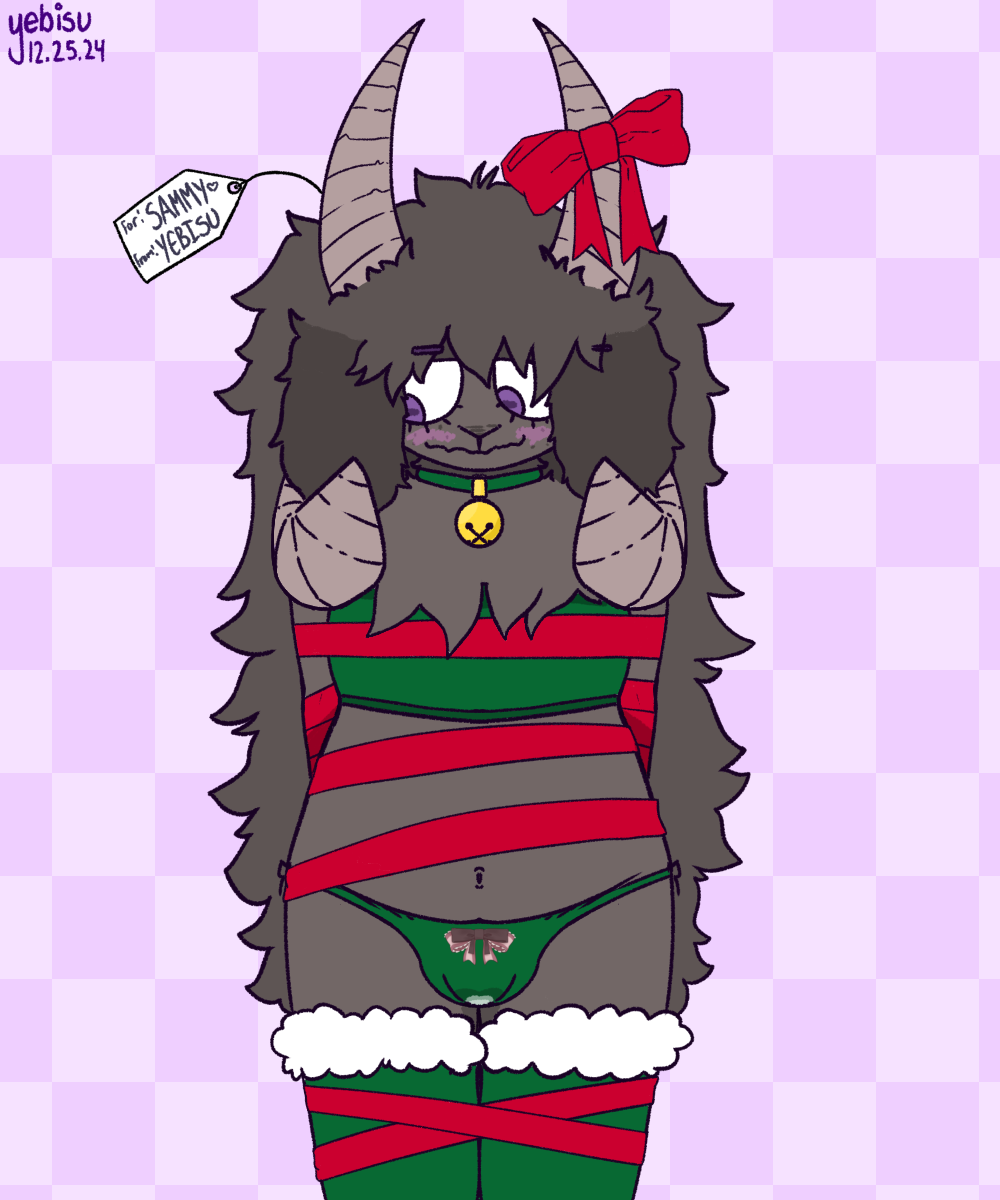 anthro black_fur black_sheep black_wool blush bodily_fluids bondage bound bovid bovine bow_panties bow_ribbon bow_underwear bra bulge caprine christmas clothed clothing collar crossdressing femboy festive flustered genital_fluids hair hebridean_black hebridean_sheep hi_res holidays lambchop legwear lingerie long_hair male mammal panties precum ribbon_bondage ribbons sheep solo stockings underwear yebisu