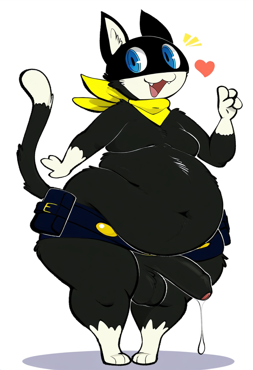 balls belly blue_eyes chubby feline heart_symbol male morgana_(persona) penis persona_5 precum precum_drip tool_belt white_background