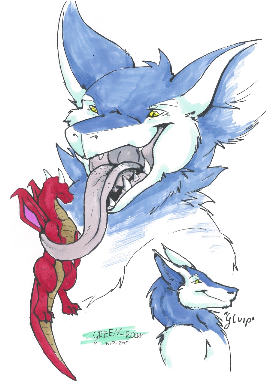 2015 anthro artist_name blue_body blue_fur claws dragon duo extreme_size_difference fur green_roon gulp_(sound_effect) hi_res looking_at_prey macro male male/male micro micro_on_tongue mouth_shot mythological_creature mythological_scalie mythology open_mouth oral_vore prehensile_tongue red_body scalie sergal size_difference smile swallowing teeth tongue vore white_body willing_pred wings yellow_eyes