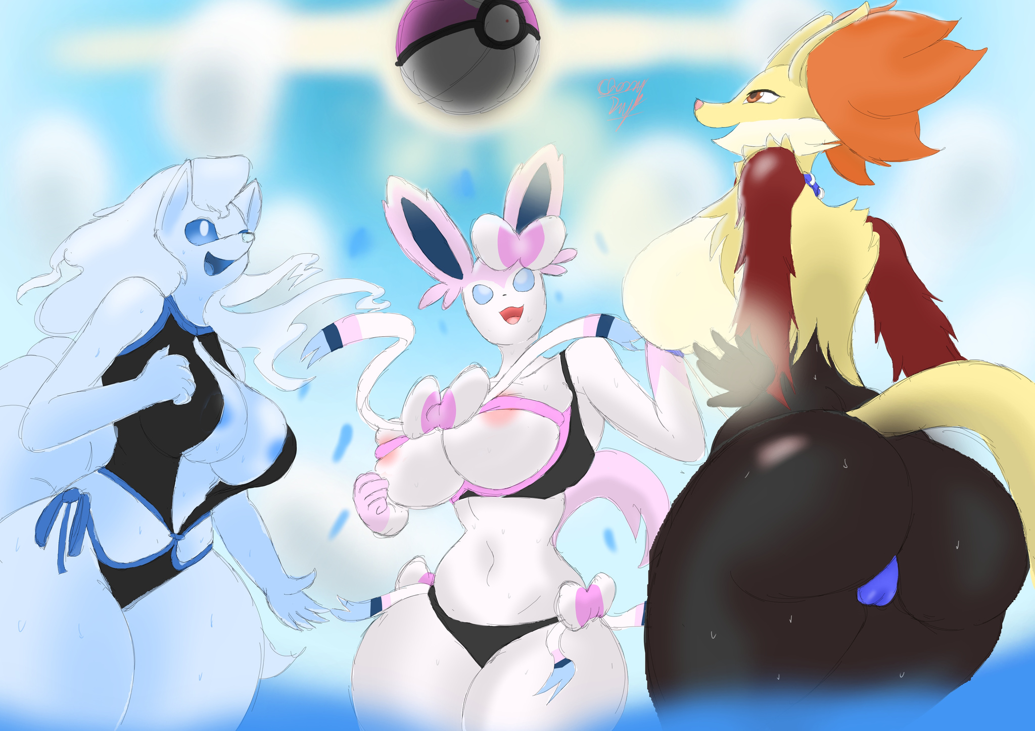 3girls, alolan ninetales, areola slip, areolae, artist request, ass, back, background, ball (object), bare shoulders, beach, beach ball, belly, bikini, black fur, blue eyes, blue fur, blue hair, bow, breasts, cameltoe, canine, cleavage, delphox, female, fox, furry, large ass, large breasts, long ears, long hair, looking up, love ball, multi tail, multiple females, multiple girls, navel, ninetales, nintendo, nipple slip, nude, open mouth, orange fur, outdoors, pink fur, poke ball, pokemon, pokemon (species), pokemon sm, pokemon xy, pussy, red eyes, red fur, revealing clothes, ribbon, sideboob, sky, smile, standing, swimsuit, sylveon, tail, tails, text, thick, thick thighs, thighs, tongue, water, wet, white fur, wide hips