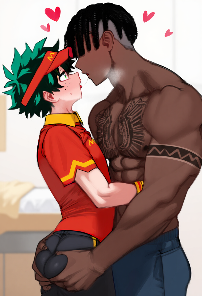 2boys after_kiss ai_generated artist_request asian asian_male ass_grab ass_squeeze bedroom boku_no_hero_academia dark-skinned_male dark_skin dreadlocks employee_uniform fast_food fast_food_employee fast_food_uniform femboy feminine_male gay gay_kissing green_eyes green_hair grope groping groping_ass hands_on_ass heart height_difference hi_res hidden_eyes high_resolution interracial izuku_midoriya kissing male male/male male_only mcdonald's midoriya_izuku muscular muscular_male my_hero_academia saliva_string shirtless_male size_difference squeezing squeezing_butt submissive_male tattoo topless_male twink yaoi