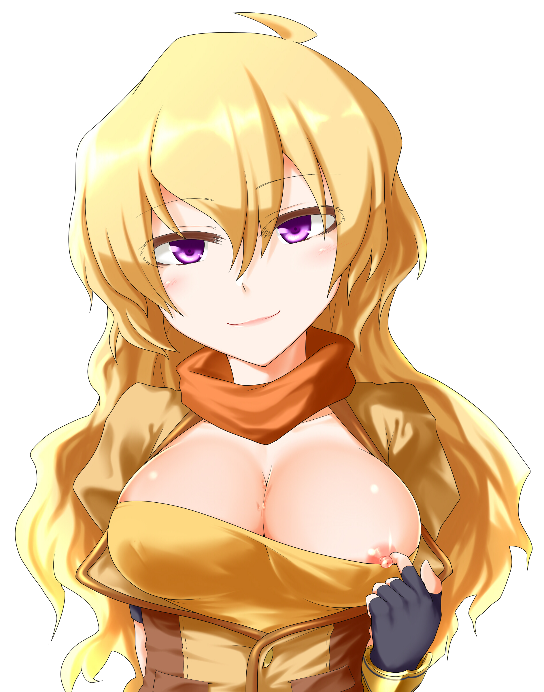 1girls, akdt, areolae, big breasts, blonde hair, breasts, cleavage, female, female only, large breasts, long hair, looking at viewer, nipples, purple eyes, rwby, solo, yang xiao long