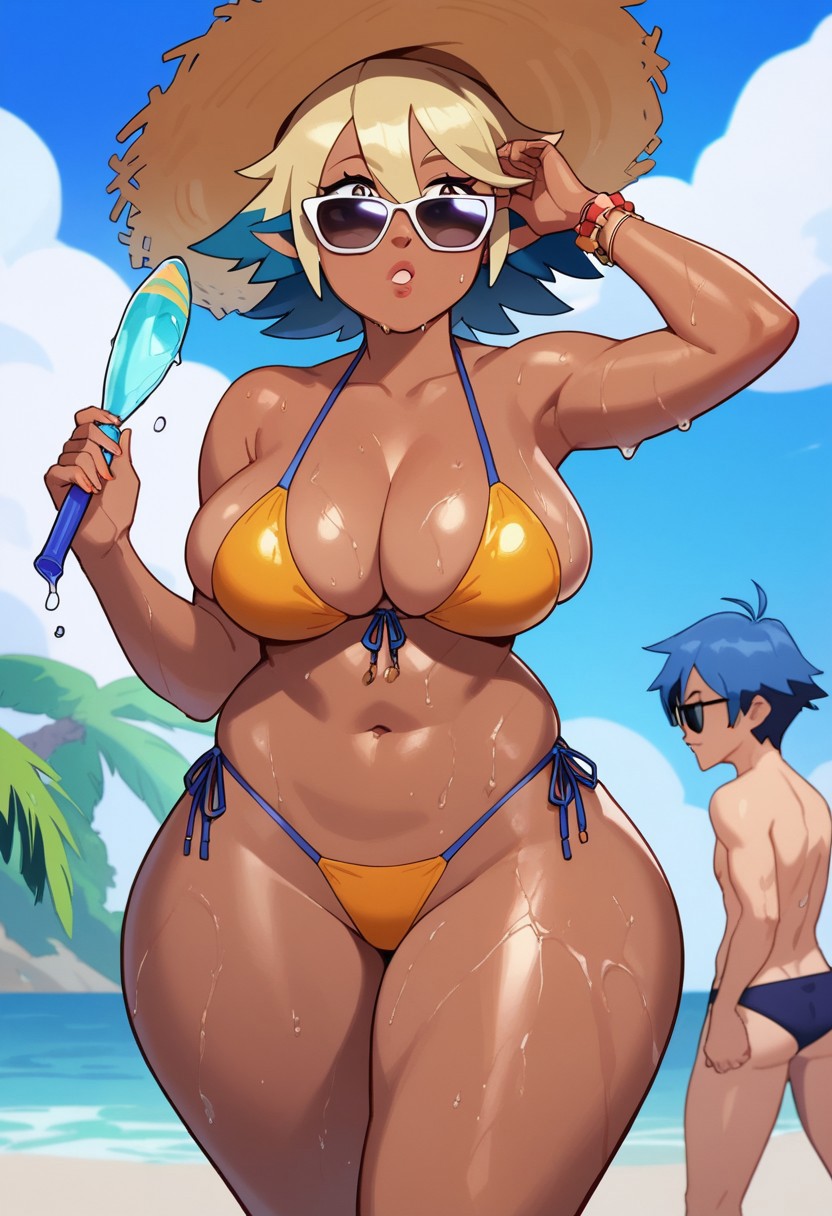 1girls ai_generated beach big_breasts bikini curvy hat multicolored_hair plump_thighs sunglasses the_owl_house vee_(the_owl_house) vee_(the_owl_house)_(human) wet wet_body