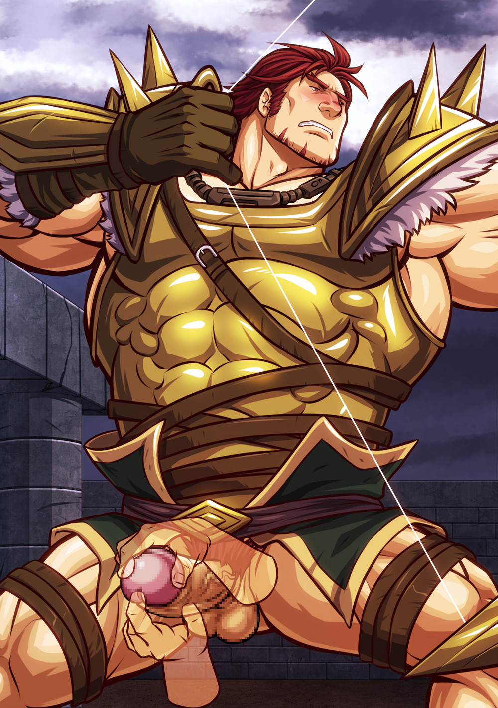 bara blush bottomless dorcas_(fire_emblem) erection facial_hair fire_emblem fire_emblem:_the_blazing_blade gloves male_only muscle penis pubic_hair red_hair solo_focus testicles zelo-lee