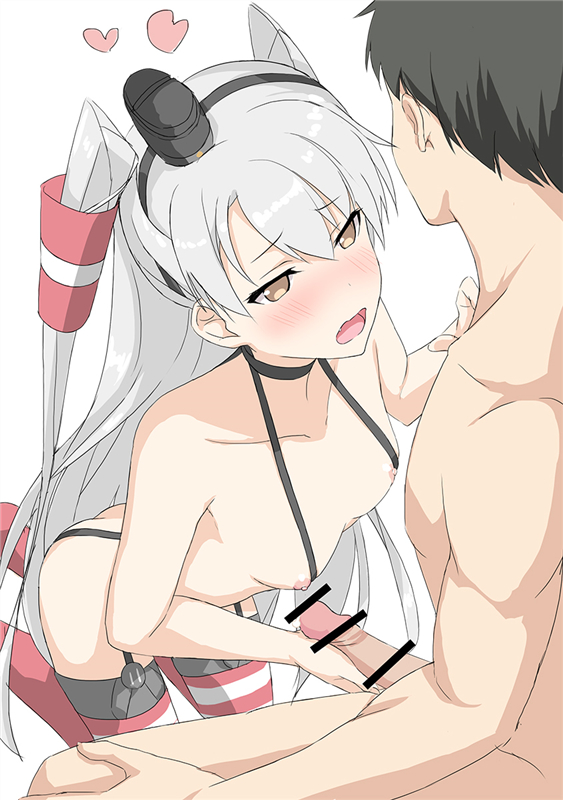 1boy amatsukaze_(kantai_collection) ass blush breasts brown_eyes cocona_(coconacafe) cute_fang female hair_ornament hair_tubes handjob kantai_collection nipples open_mouth penis small_breasts striped striped_legwear thighhighs tied_hair twintails white_hair