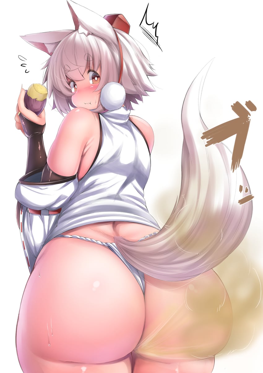 animal_ears ass bare_shoulders big_butt blush butt earmuffs eating fart fart_cloud female food fundoshi holding_food inubashiri_momiji japanese_clothes looking_at_viewer looking_back shishi_juuroku smell stink stinky surprised sweet_potato tokin_hat touhou white_hair wolf_ears wolf_girl yellow_eyes