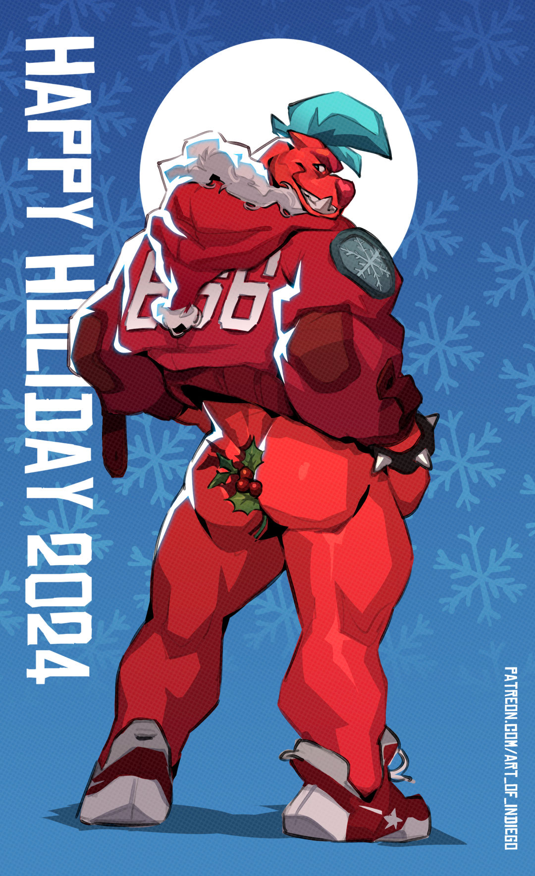 2024 anthro arts_of_indiego ass blue_hair christmas clothed clothing demon english_text footwear grin hair hi_res holidays jacket looking_back male mistletoe muscular muscular_anthro muscular_male pantsless pattern_background plant red_body red_clothing red_jacket red_skin red_topwear shoes simple_background smile snowflake solo standing taz_(arts_of_indiego) text topwear